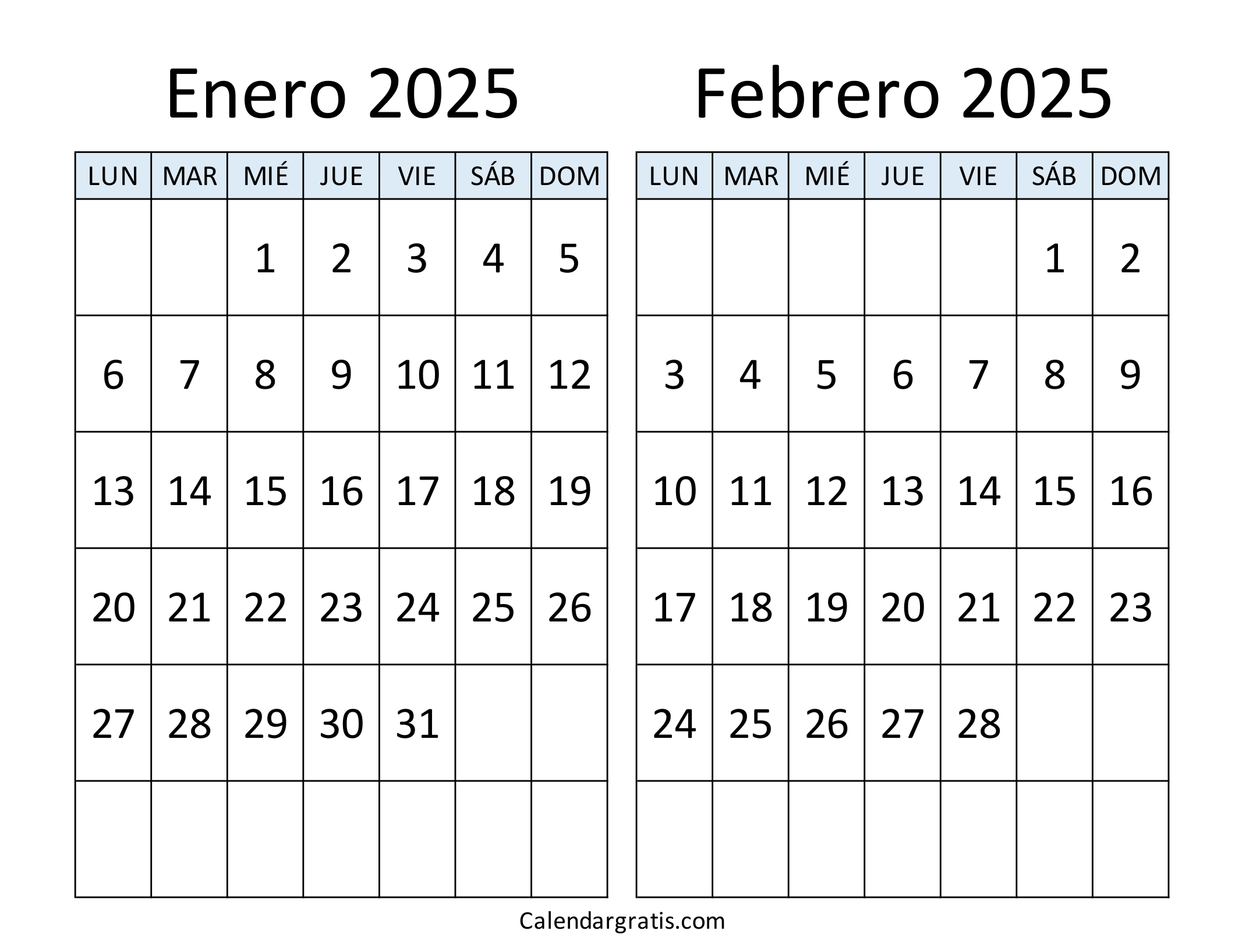 Enero febrero 2025 calendario