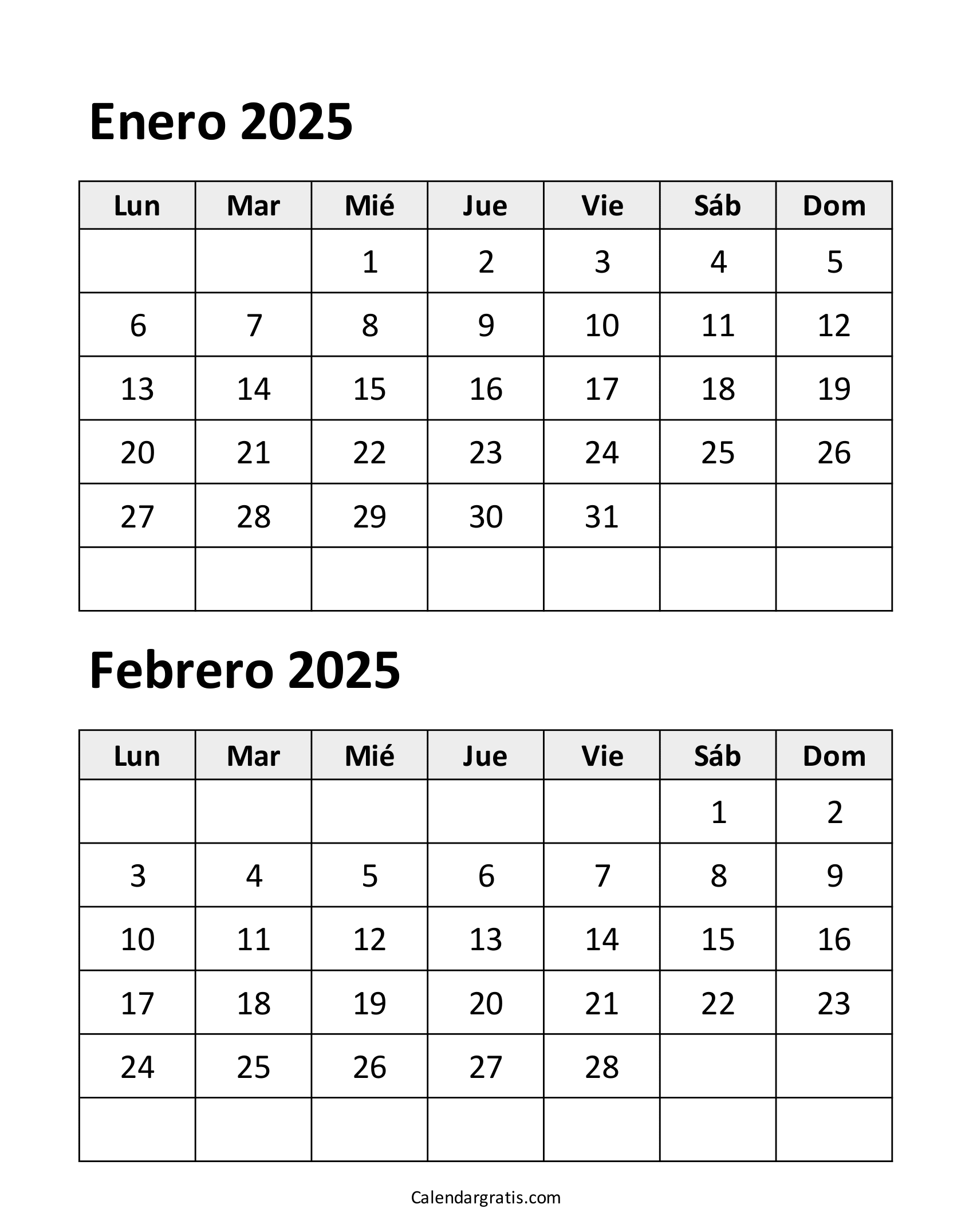 Enero y Febrero 2025 para Imprimir