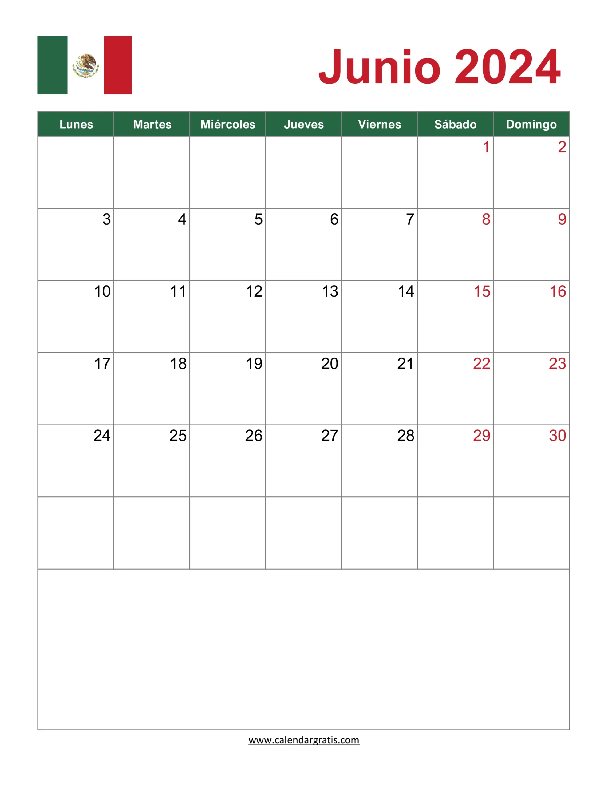 Calendario Junio 2024 Imprimir Gratis