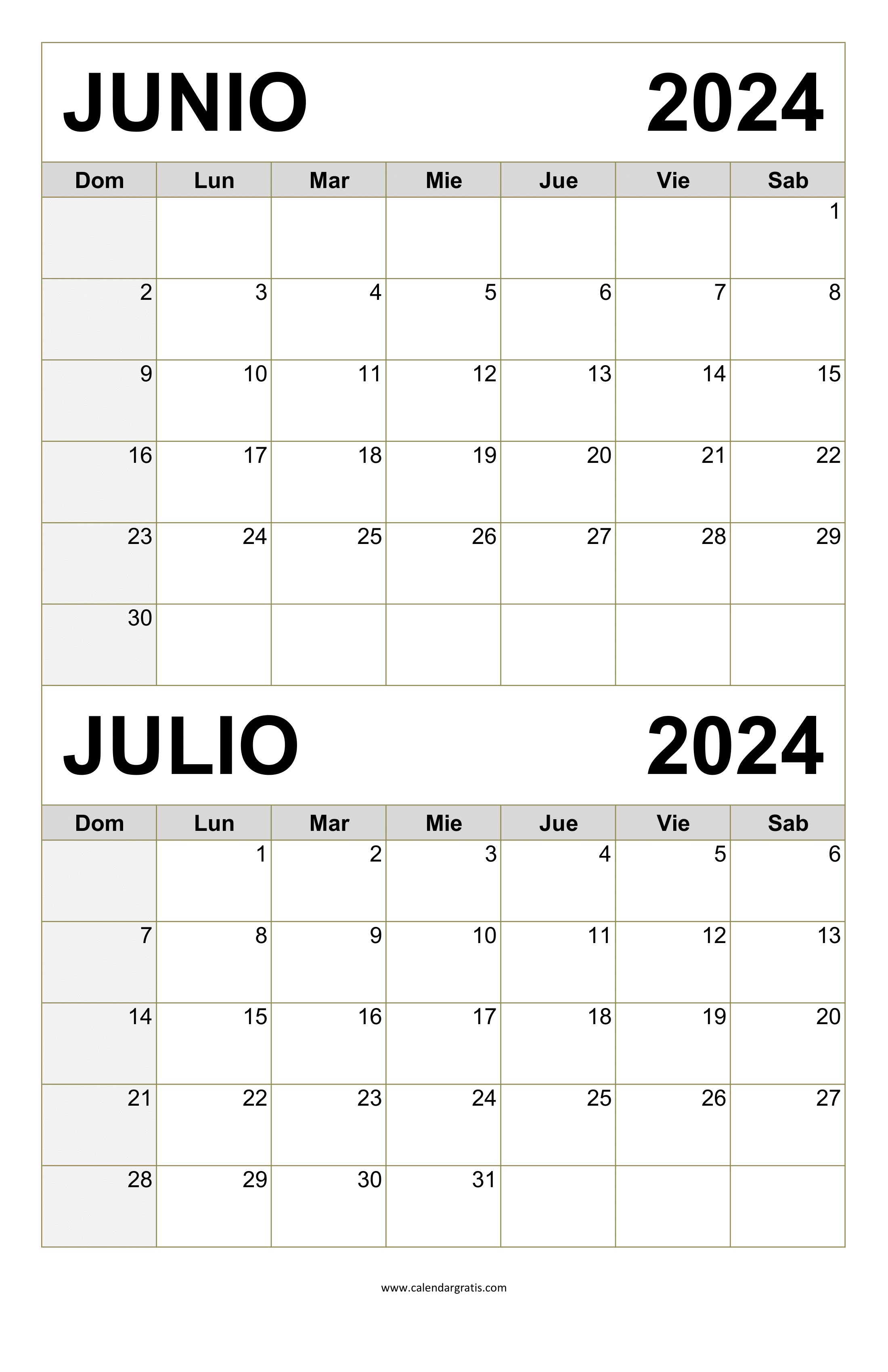 Calendario Junio y Julio 2024 Gratis