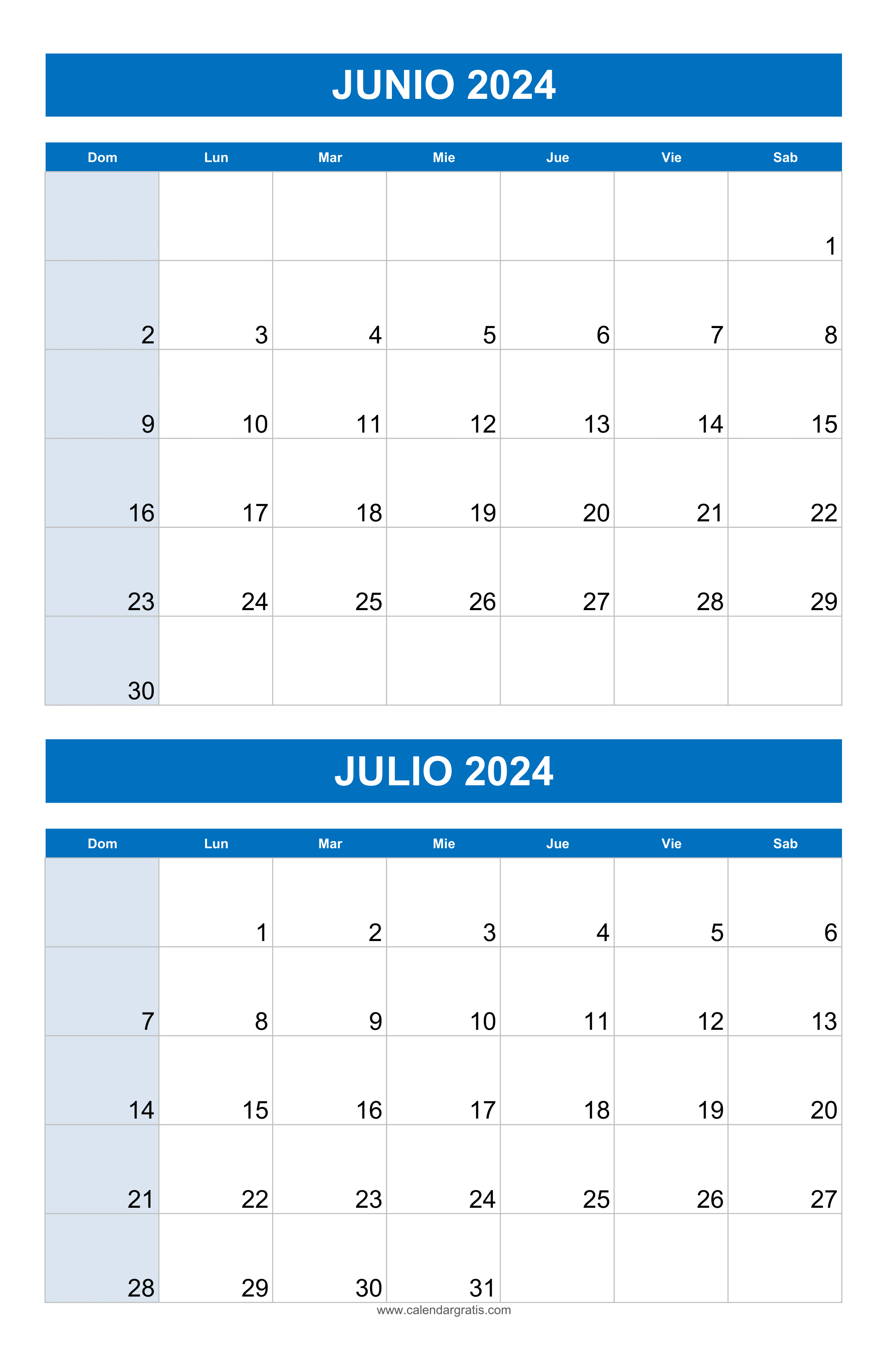 Calendario Junio  Julio 2024 Gratis