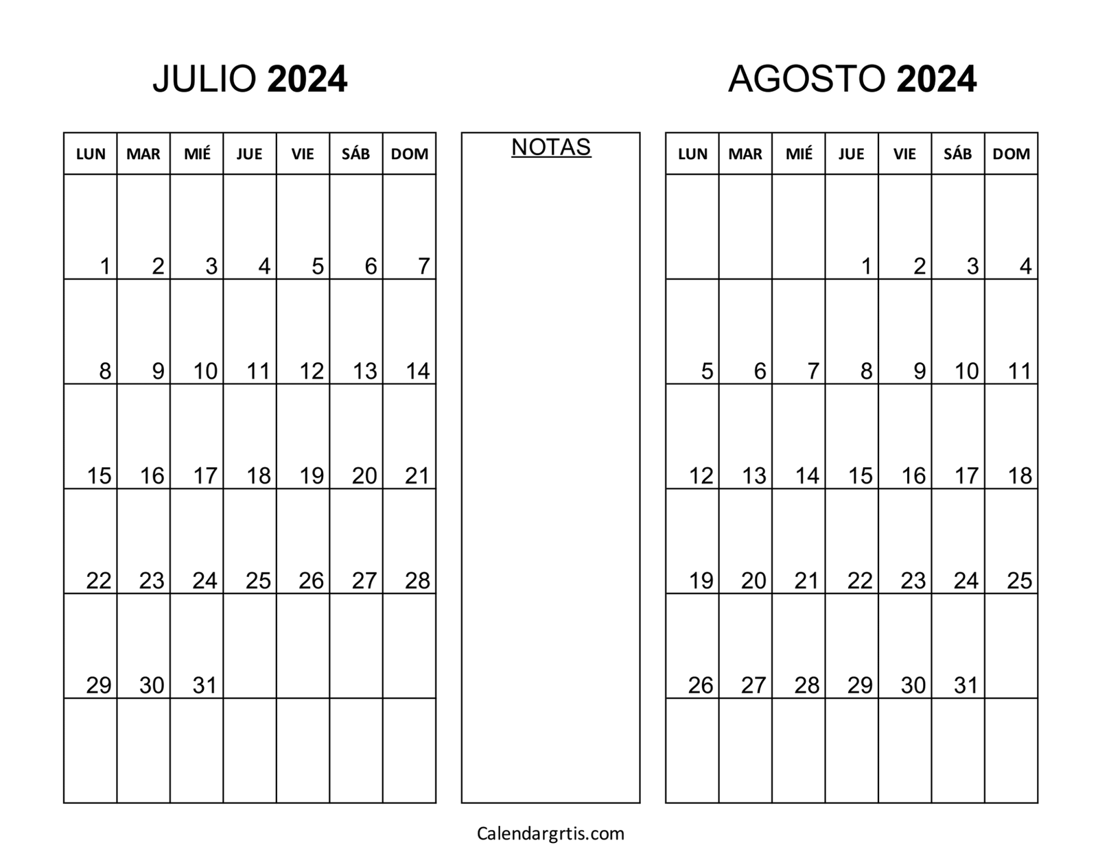 Calendario julio agosto 2024 para imprimir gratis