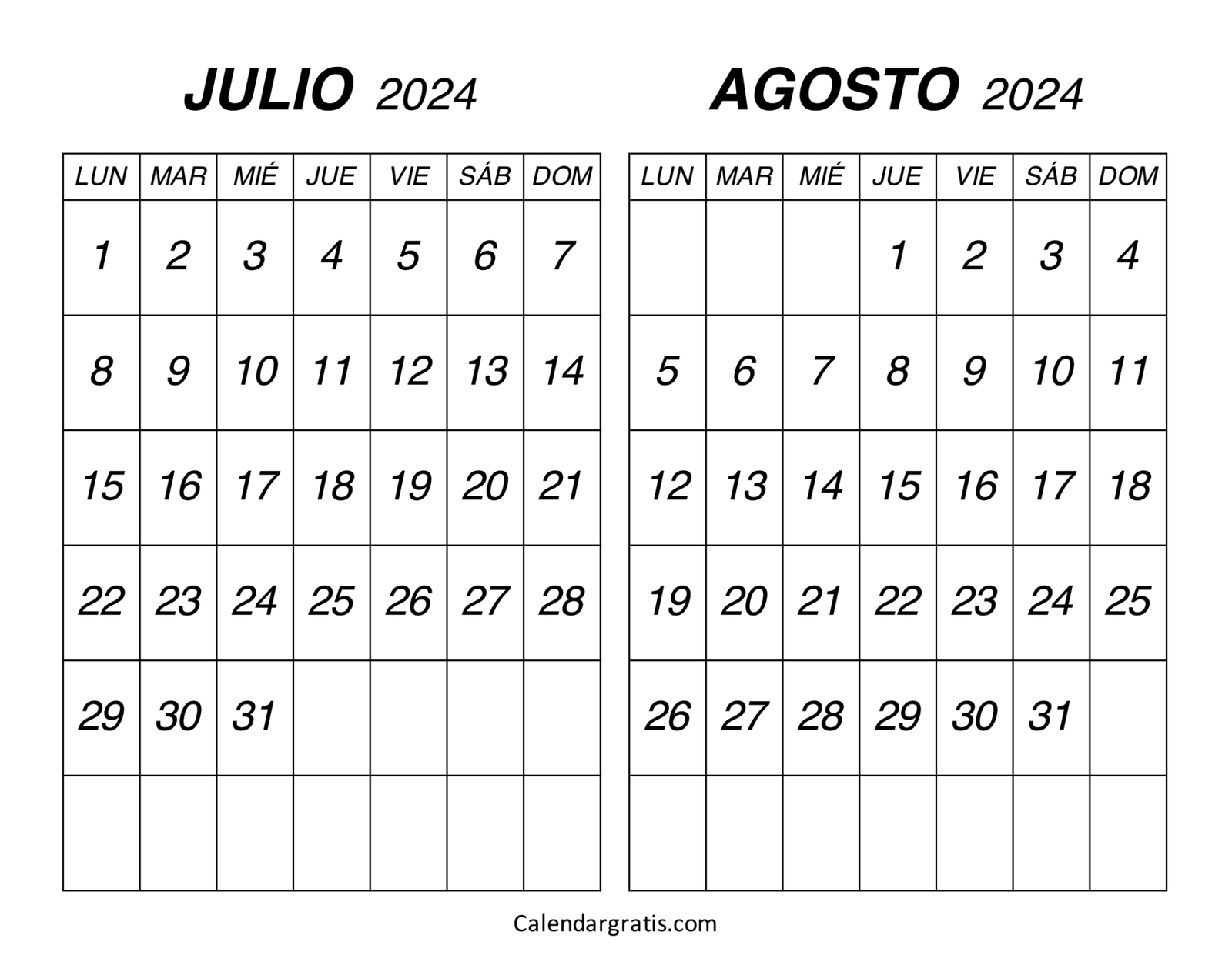 Calendario julio agosto 2024 para imprimir gratis