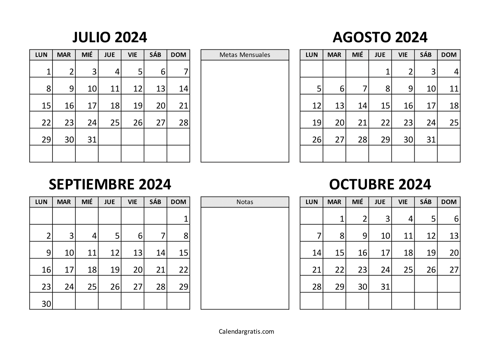 Calendario julio agosto septiembre octubre 2024 para imprimir gratis