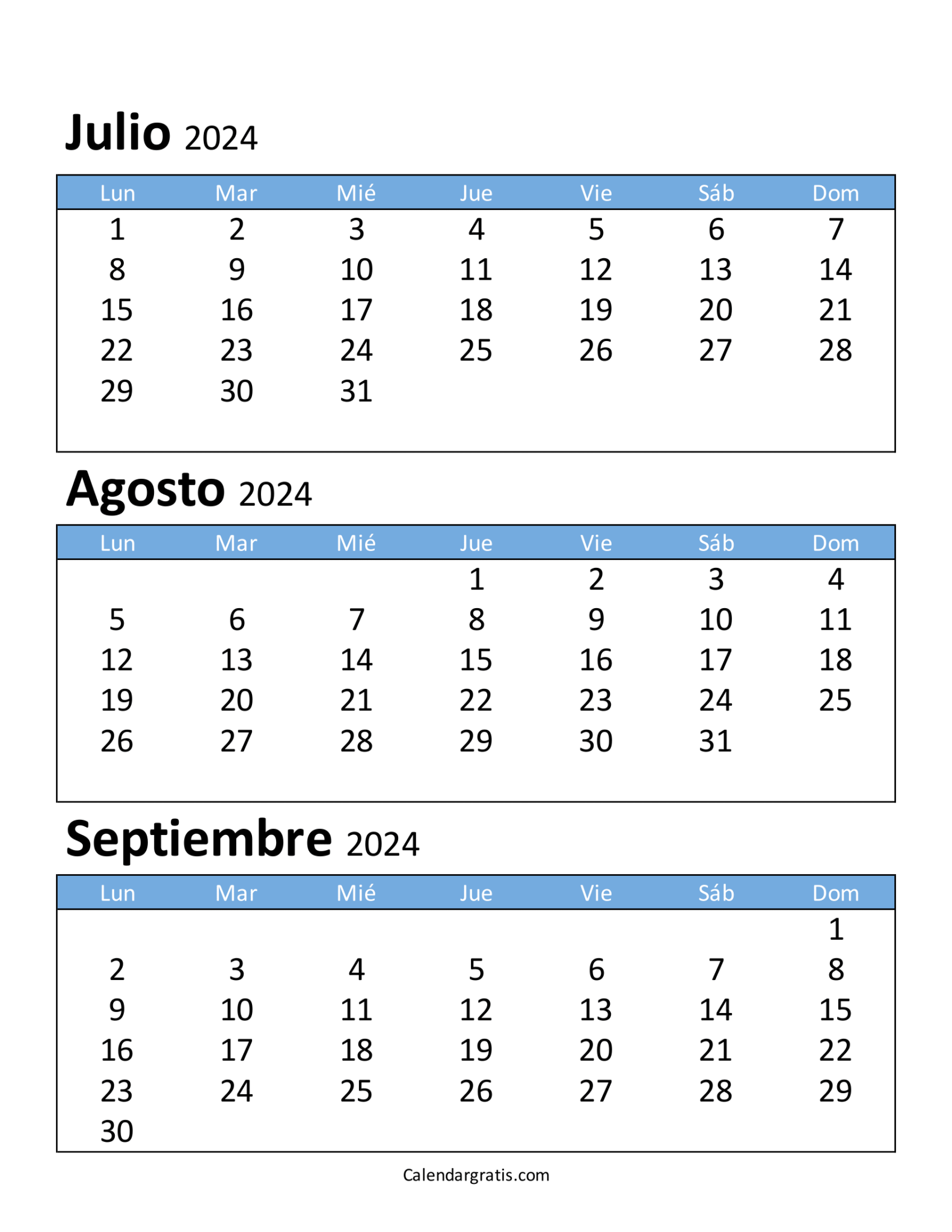 Calendario julio agosto y septiembre 2024 para imprimir