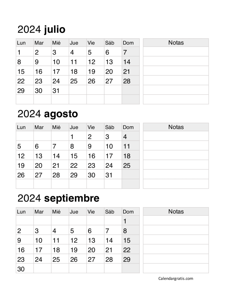 Calendario julio agosto y septiembre 2024 para imprimir
