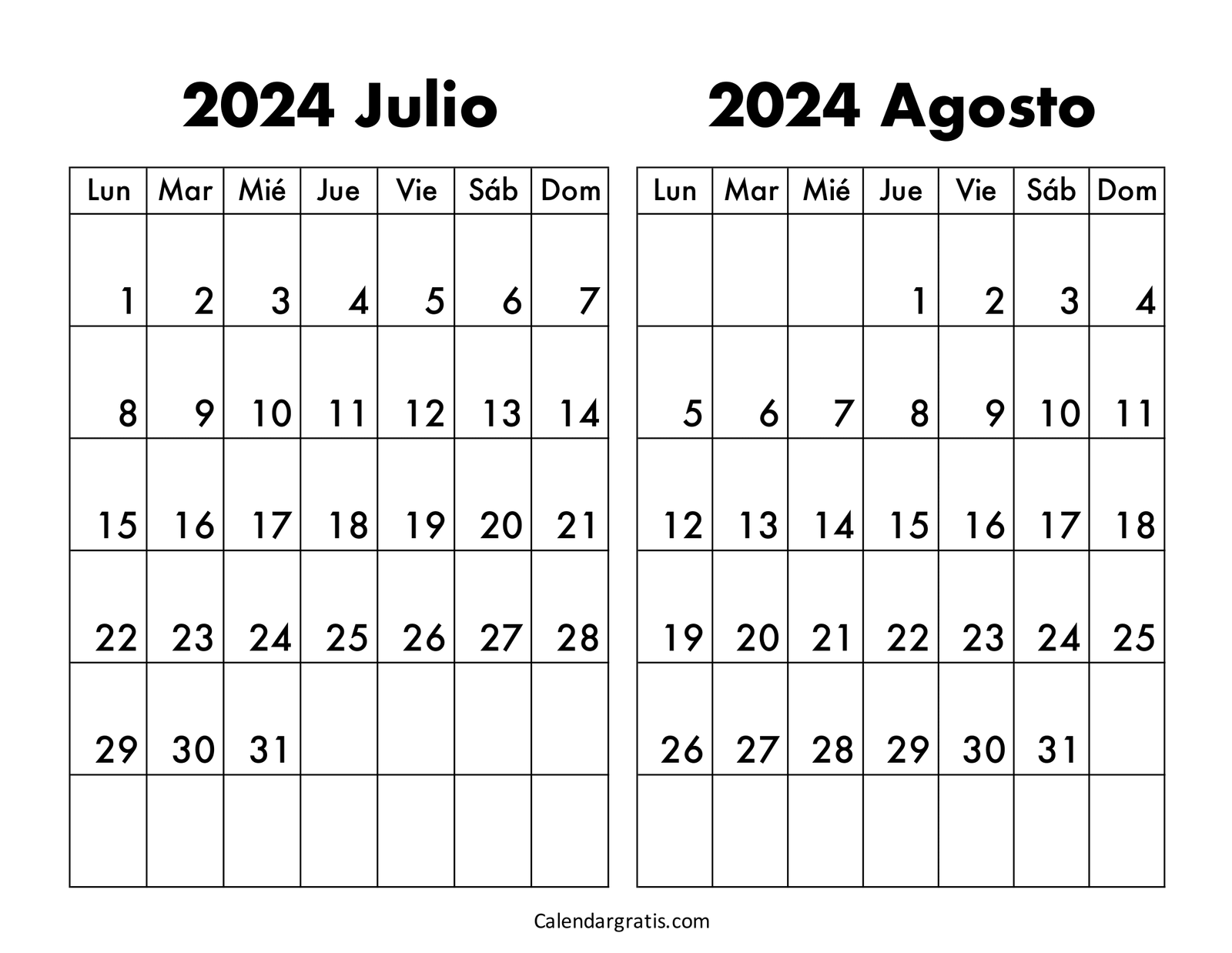Calendario julio y agosto 2024 para imprimir gratis