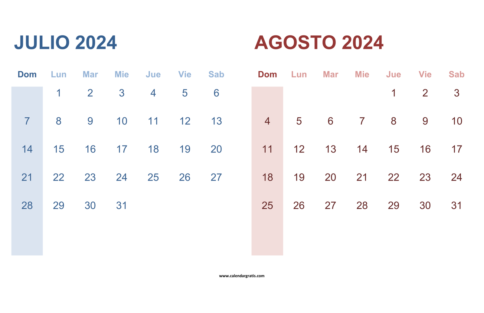 Calendario Julio Agosto 2024 Para Imprimir Gratis