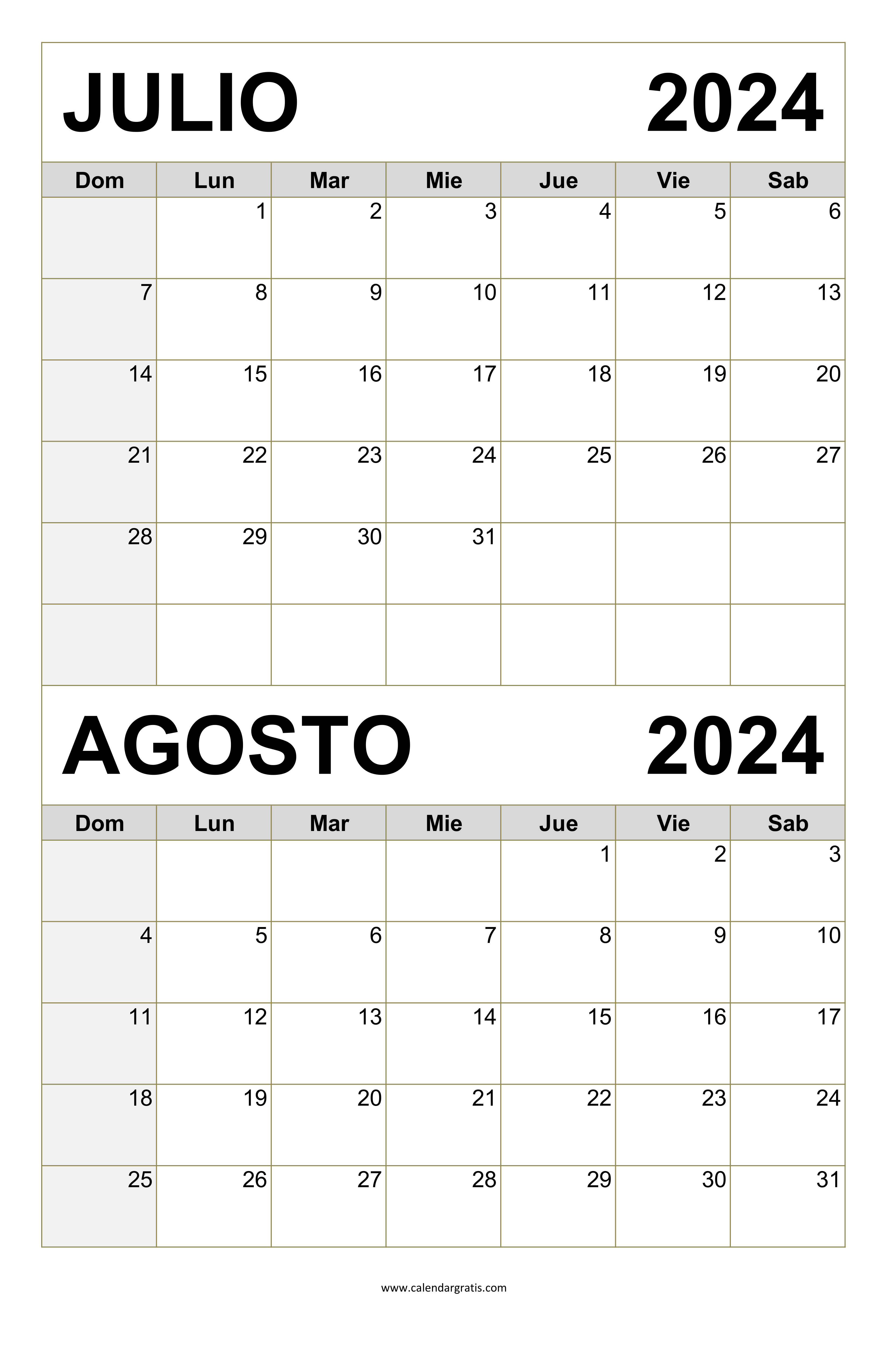 Calendario Julio Agosto