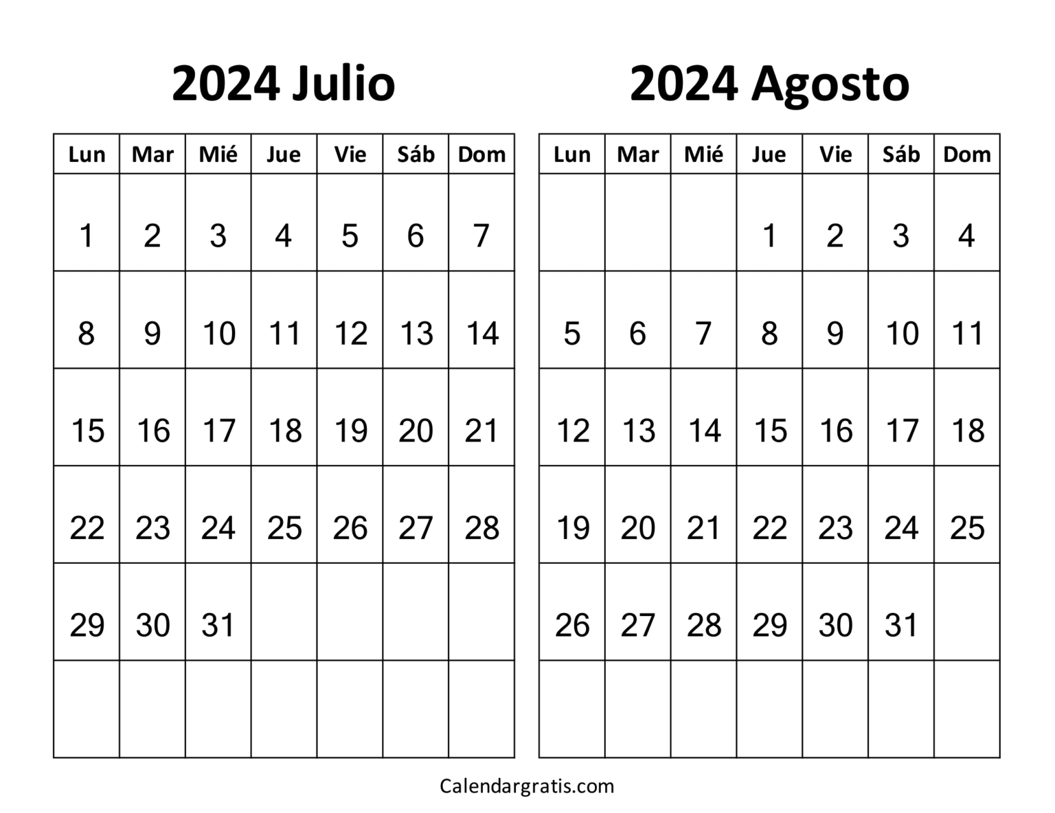 Julio agosto 2024 calendario para imprimir gratis con festivos