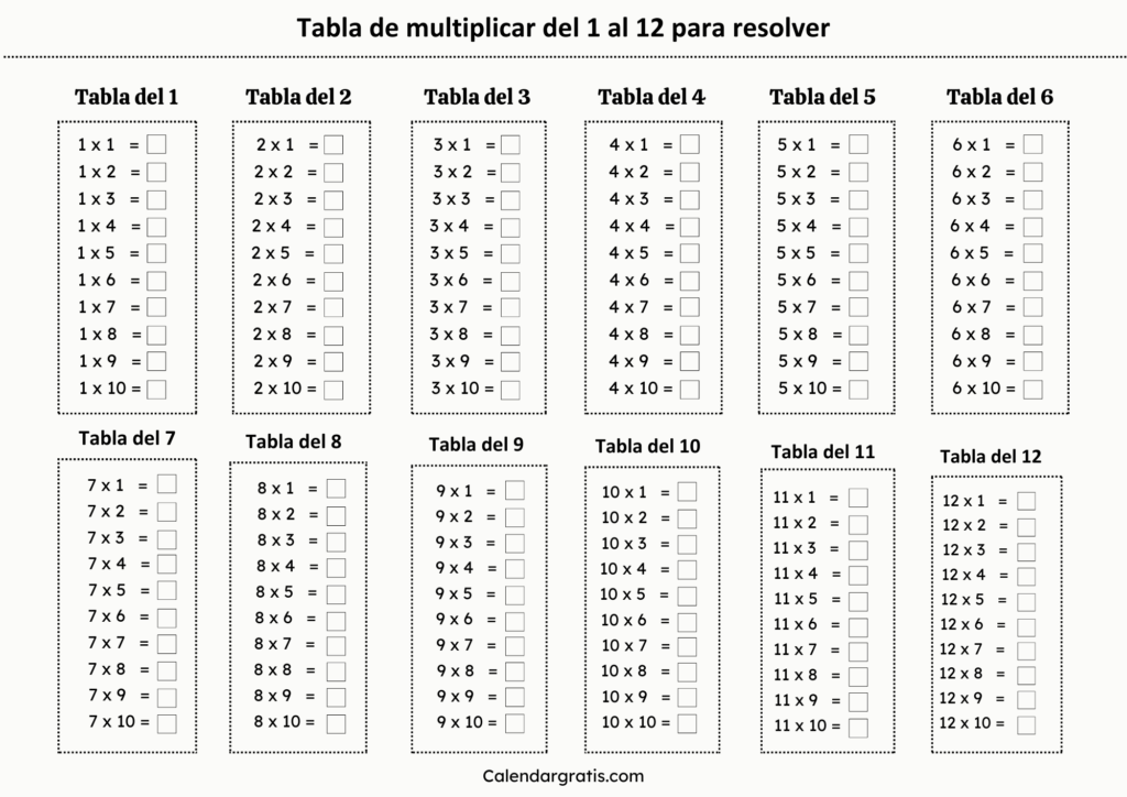 Tablas de multiplicar del 1 al 12 ejercicios