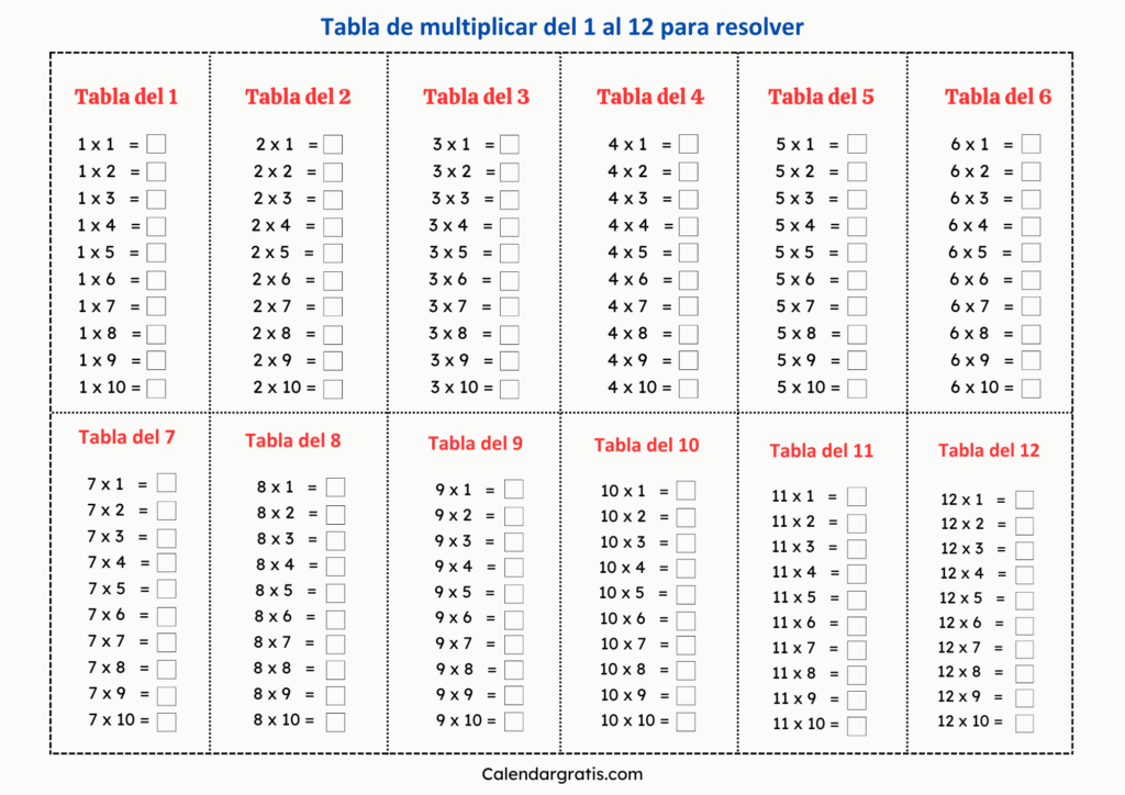 Tablas de multiplicar del 1 al 12 para niños para resolver