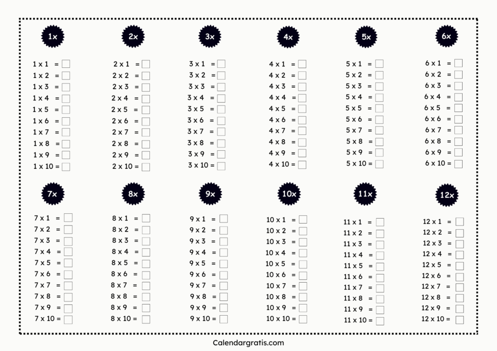 Tablas de multiplicar para resolver y completar
