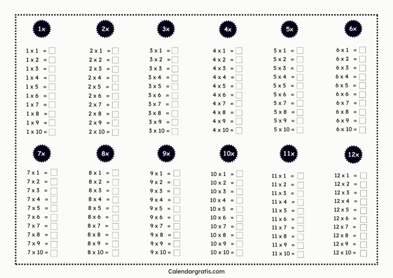 Tablas de multiplicar del 1 al 12 para imprimir gratis en PDF