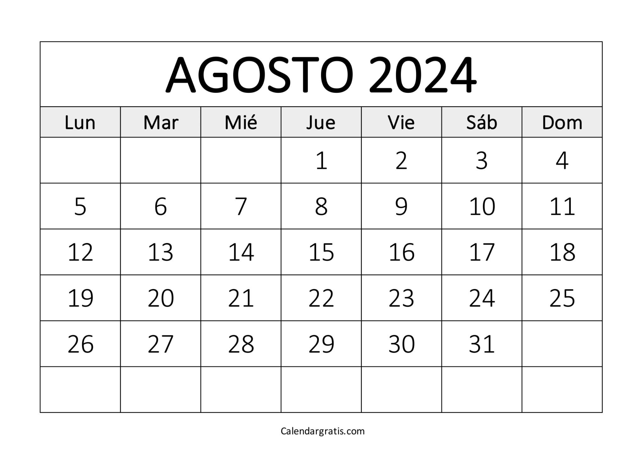 Calendario agosto 2024 para imprimir Excel, PDF y PNG