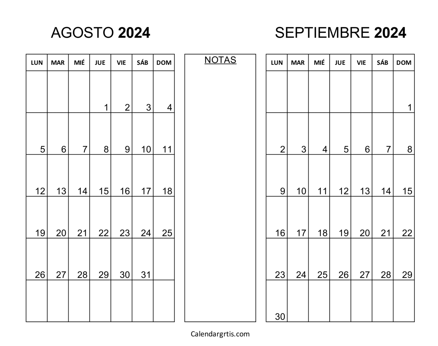 Calendario agosto septiembre 2024 - Excel, PDF y PNG