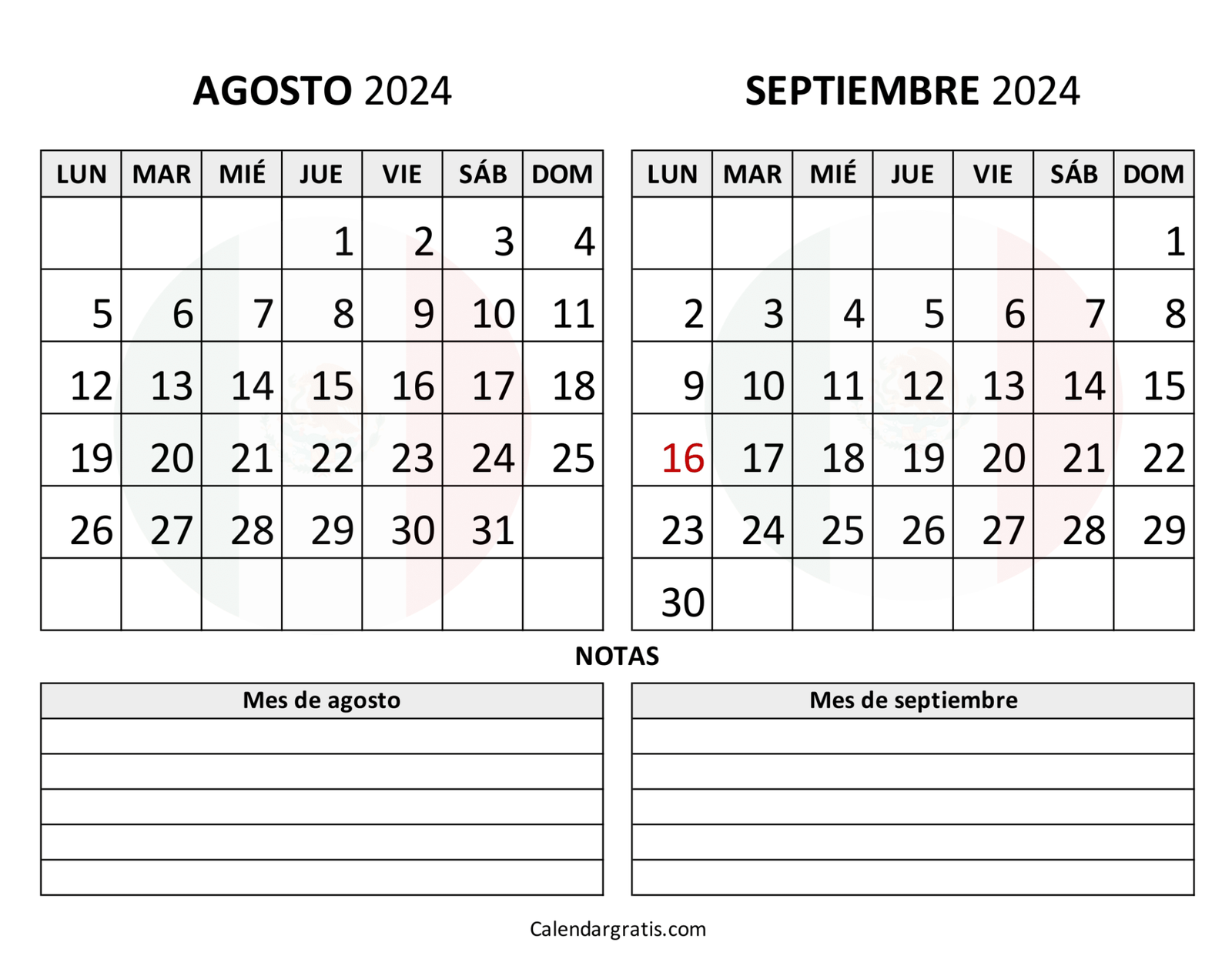Calendario agosto septiembre 2024 - Excel, PDF y PNG
