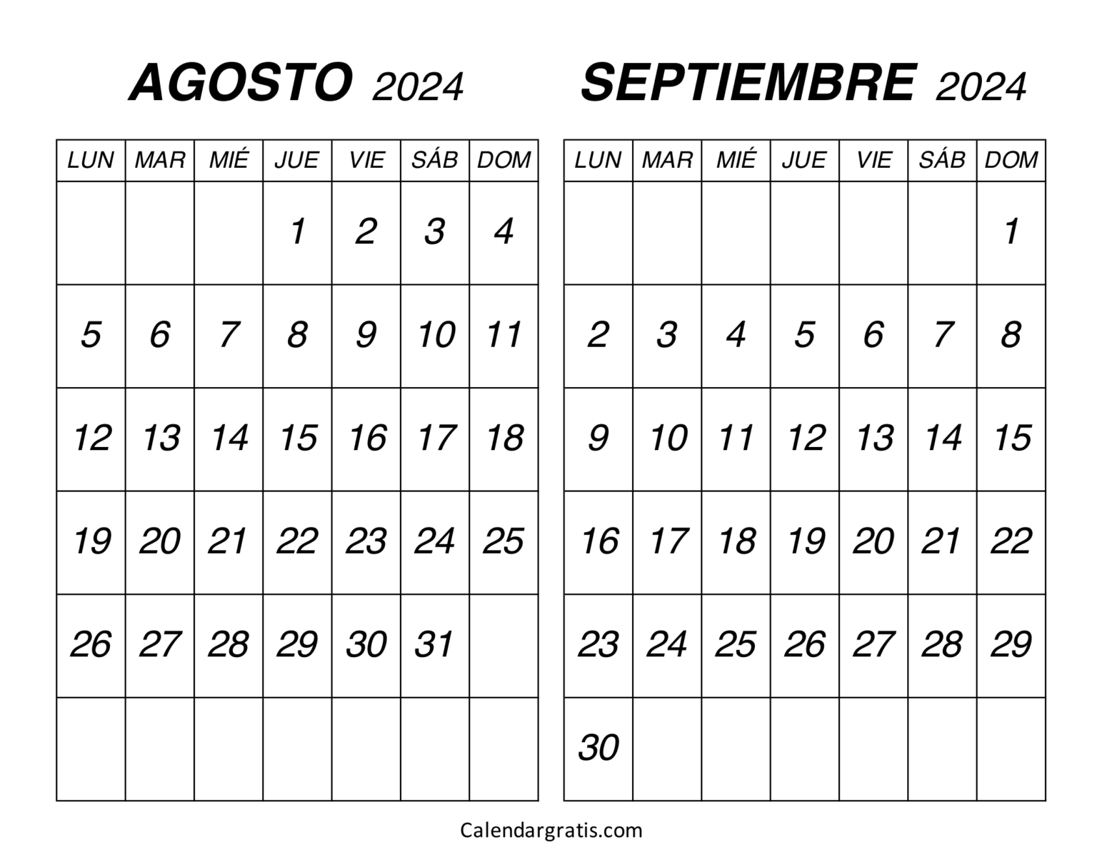 Calendario agosto septiembre 2024 - Excel, PDF y PNG