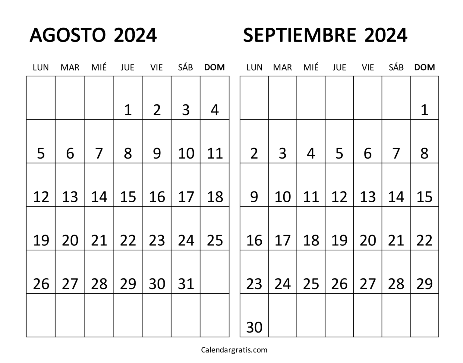 Calendario agosto y septiembre 2024 para imprimir gratis