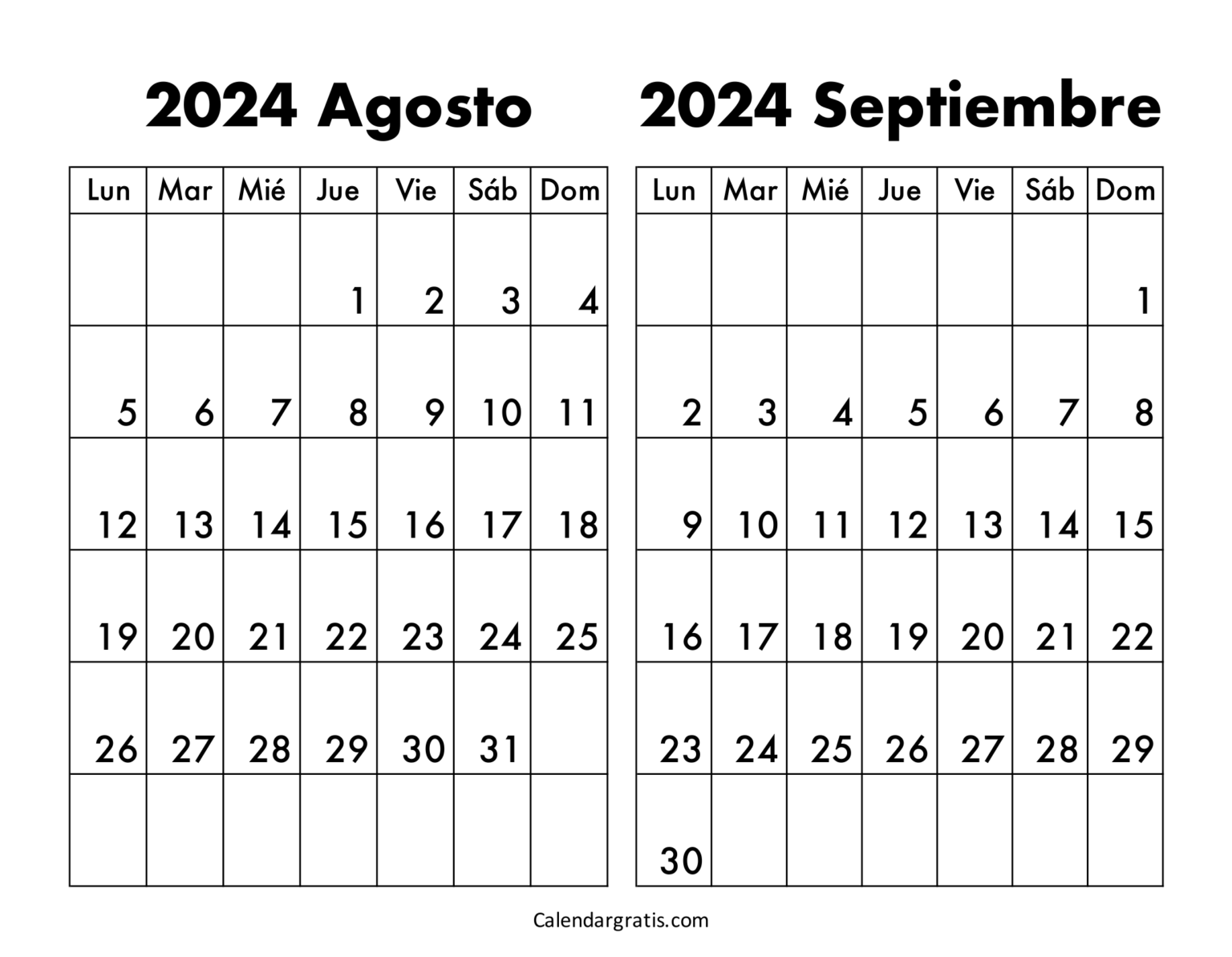 Calendario agosto y septiembre 2024 para imprimir gratis