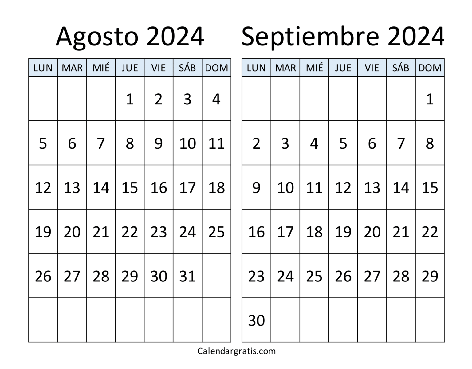 Agosto septiembre 2024 calendario para imprimir - Excel, PDF y PNG