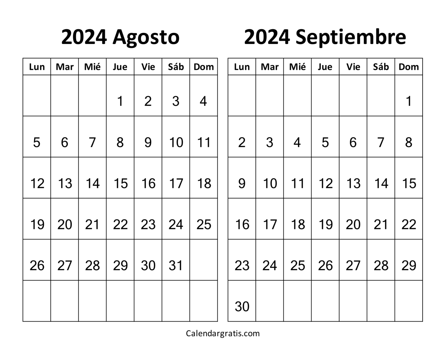 Agosto septiembre 2024 calendario para imprimir - Excel, PDF y PNG