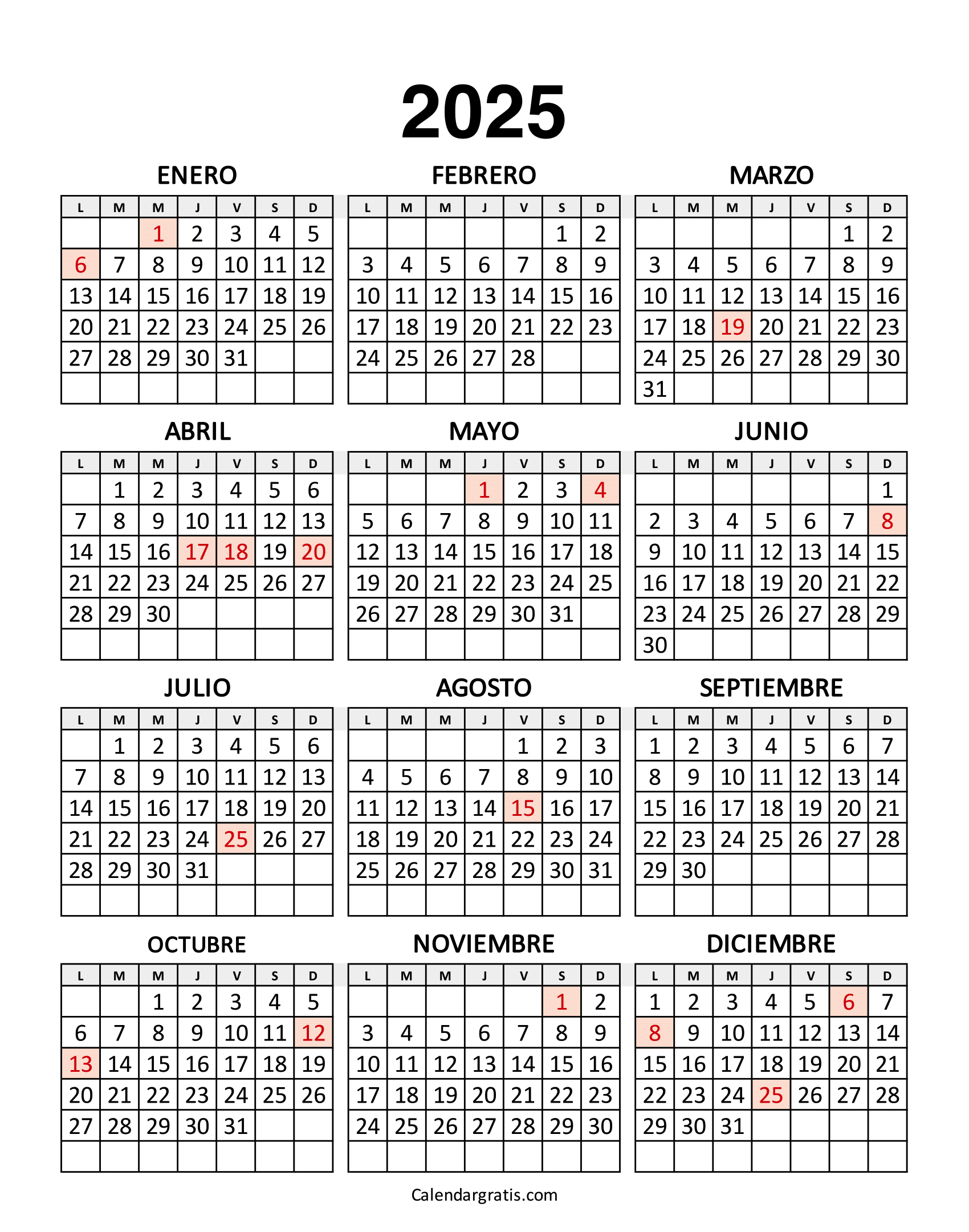 Calendario España 2025 Con Festivos Para Imprimir Excel, PDF y PNG