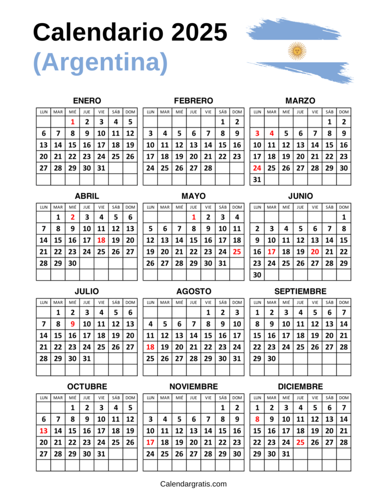 Calendario Argentina 2025 con feriados para imprimir (Excel, PDF Y PNG)