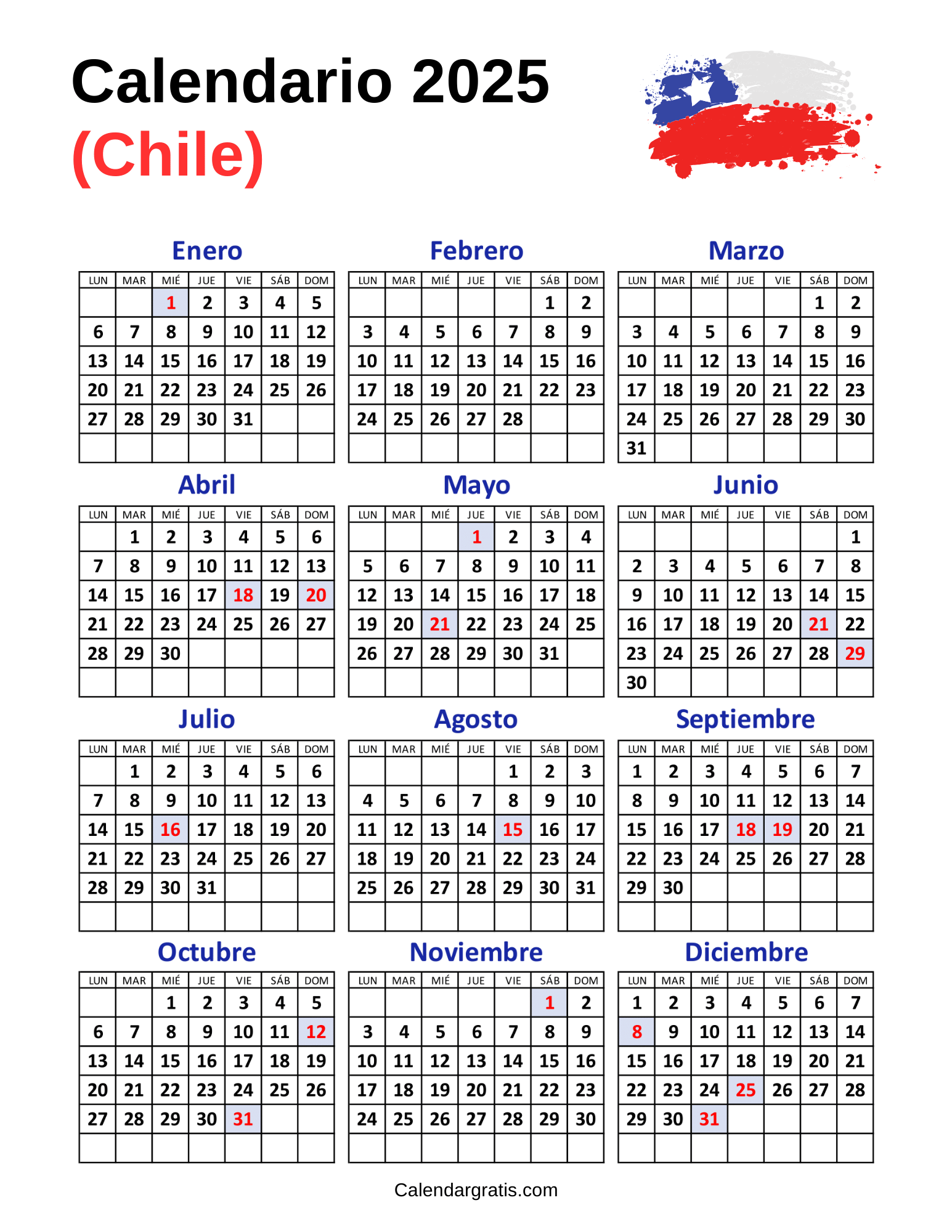 Calendario Chile 2025 Para Imprimir Damara Miquela