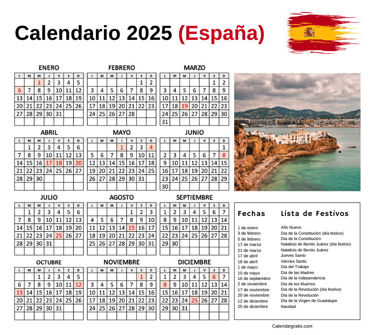 Calendario España 2025 Con Festivos Para Imprimir Excel, PDF y PNG