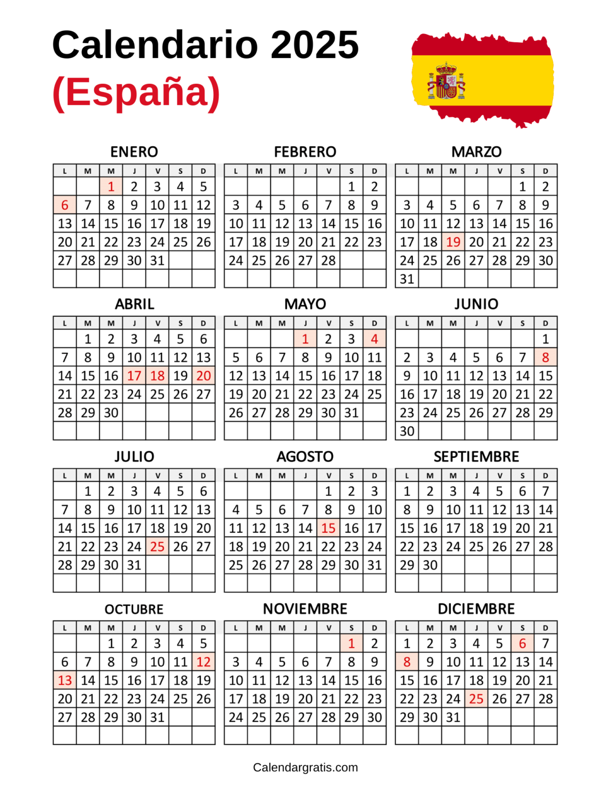 Calendario España 2025 Con Festivos Para Imprimir - Excel, PDF y PNG