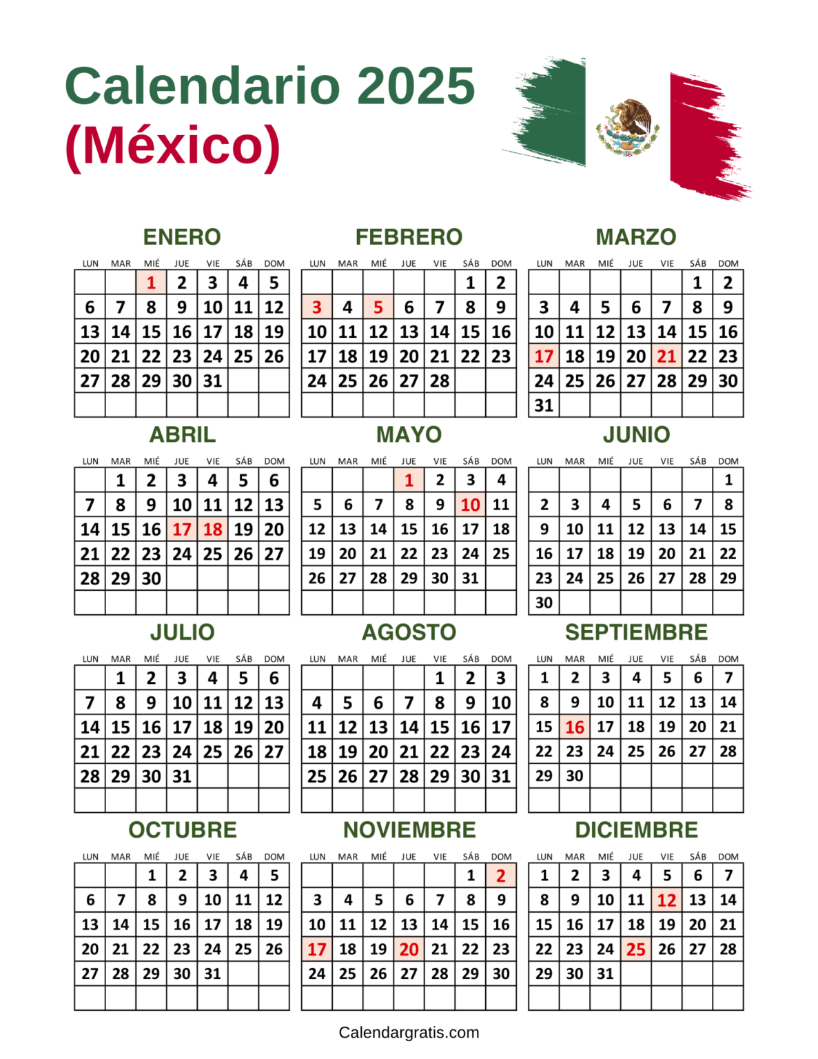 Calendario México 2025 Con Festivos Para Imprimir Gratis