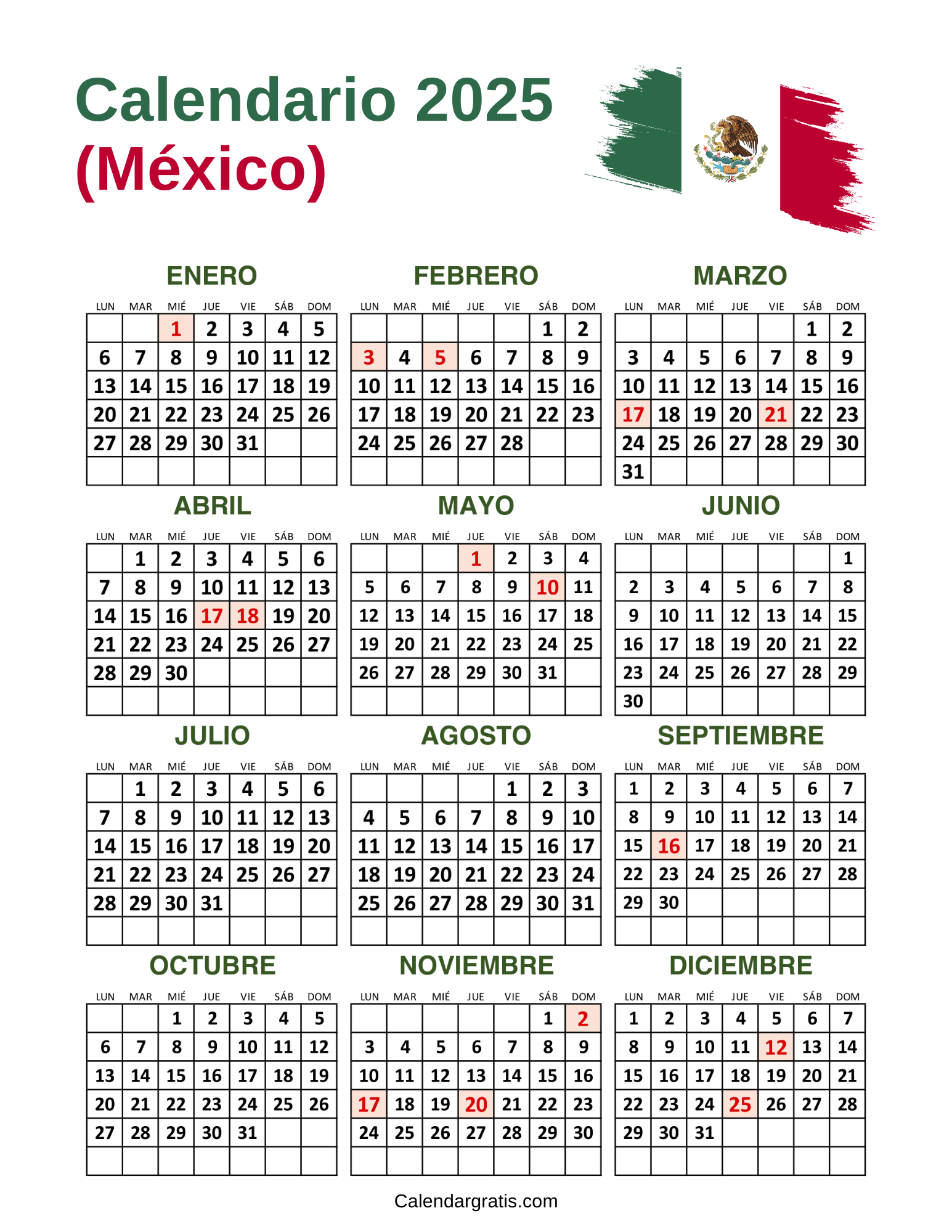 Calendario México 2025 Con Festivos Para Imprimir Gratis