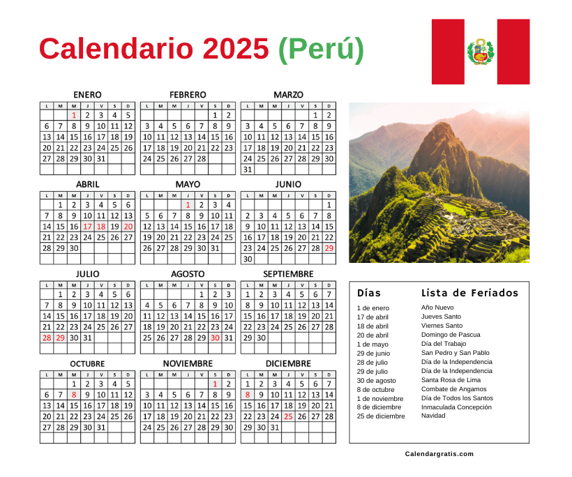 Calendario Perú 2025 con feriados