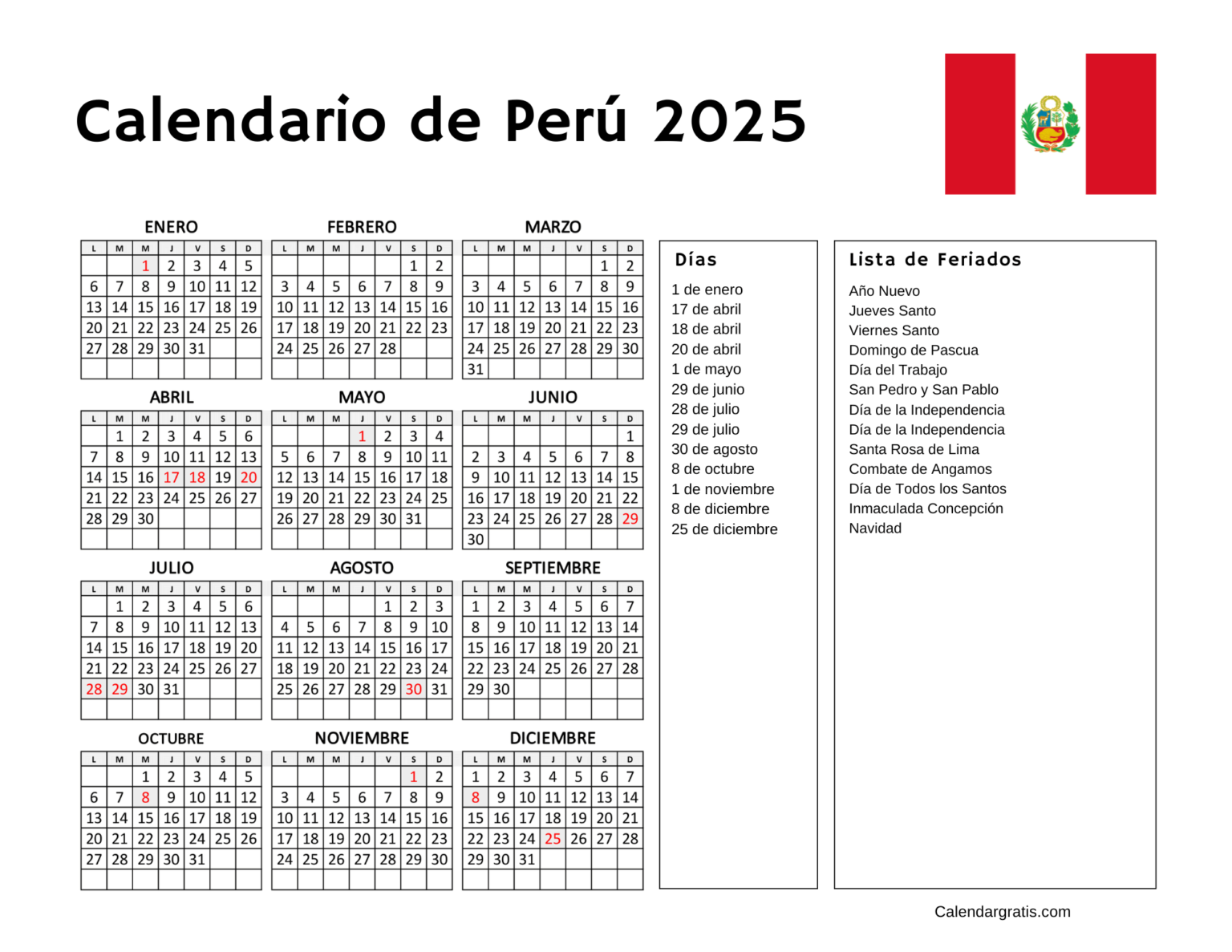 Calendario Perú 2025 con feriados para imprimir (Excel, PDF y PNG)