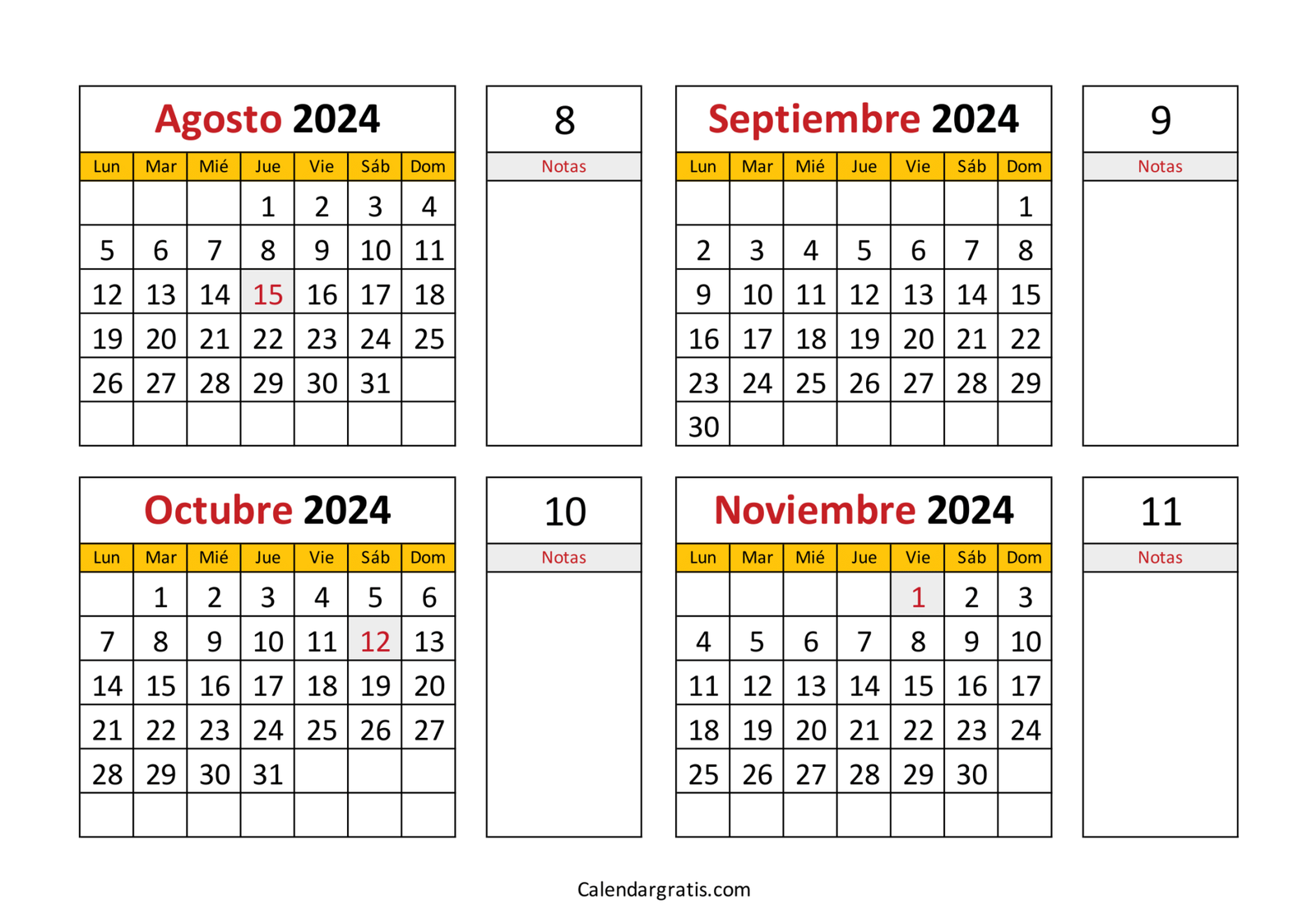 Calendario agosto septiembre octubre noviembre 2024 - Excel, PDF y PNG