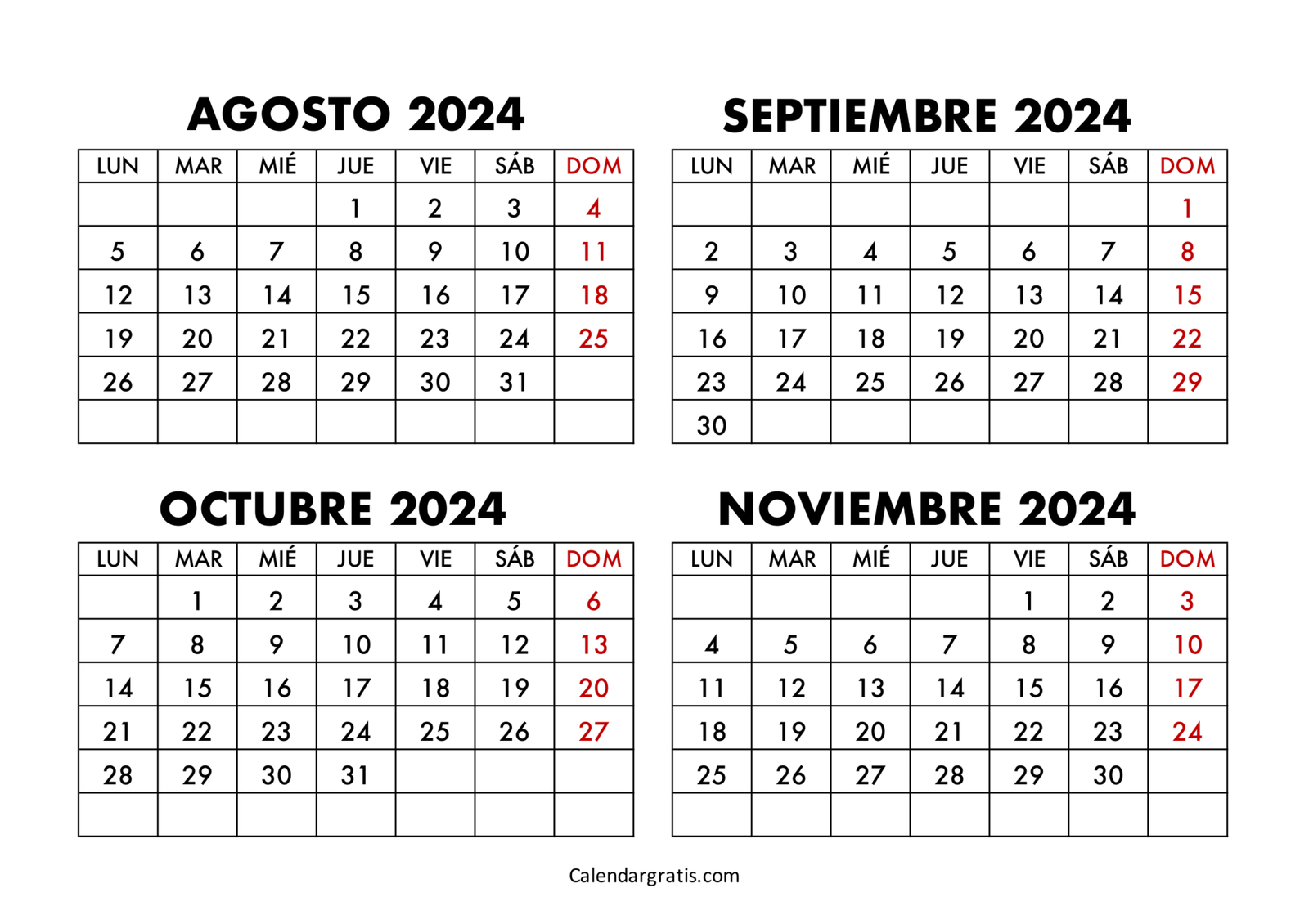 Calendario agosto septiembre octubre noviembre 2024 - Excel, PDF y PNG