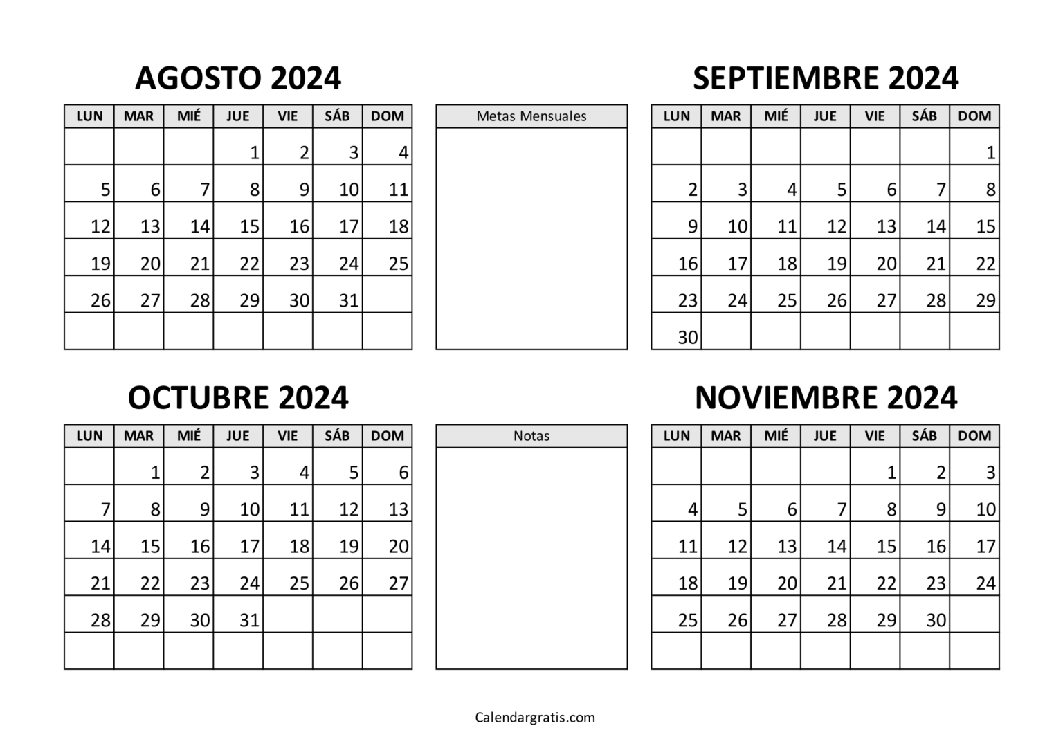 Calendario agosto septiembre octubre noviembre 2024 - Excel, PDF y PNG