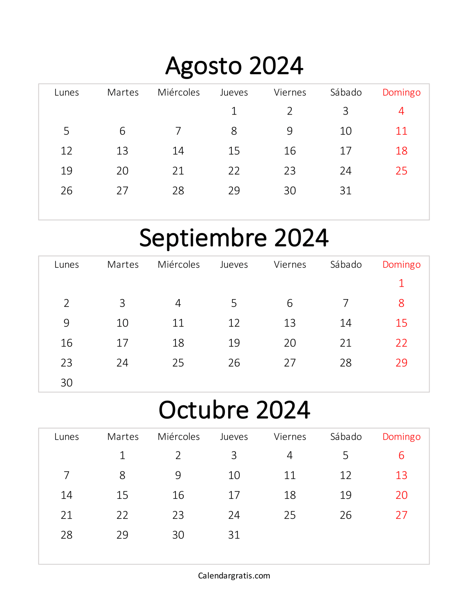 Calendario agosto septiembre y octubre 2024 - Excel, PDF y PNG