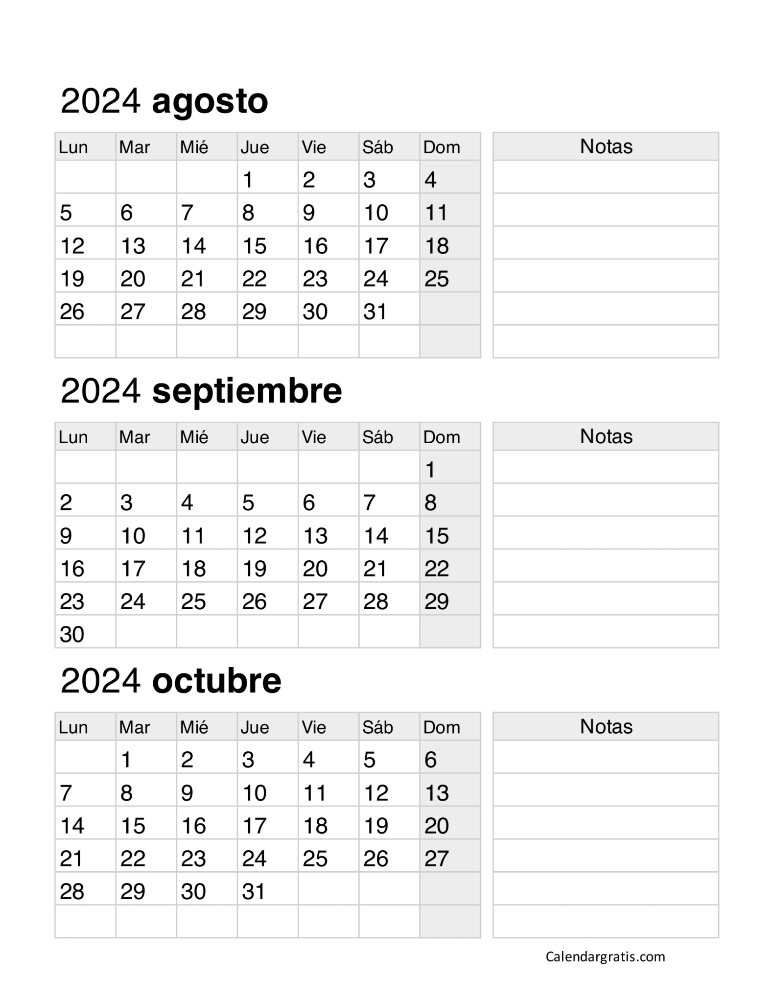 Calendario agosto septiembre y octubre 2024 - Excel, PDF y PNG
