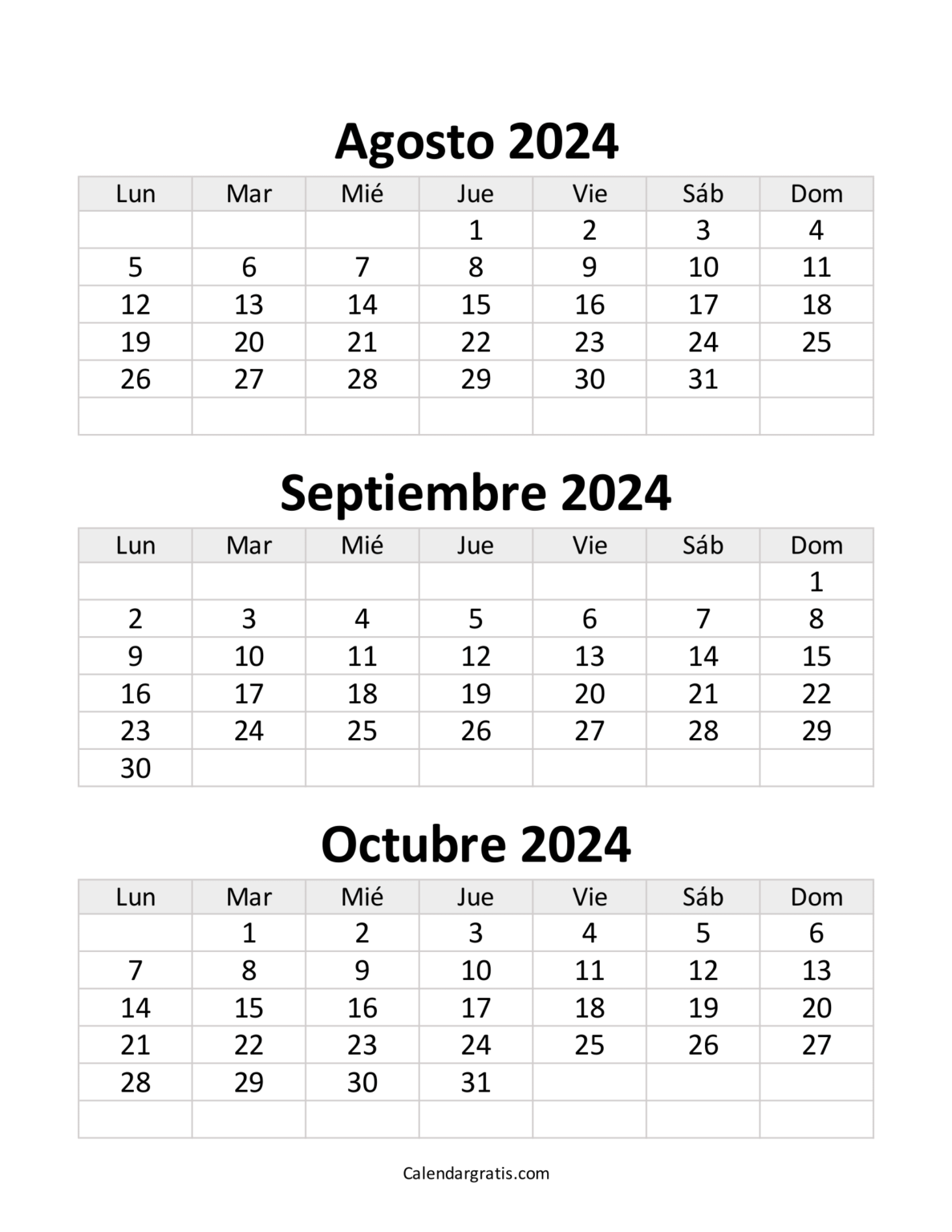 Calendario agosto septiembre y octubre 2024 - Excel, PDF y PNG