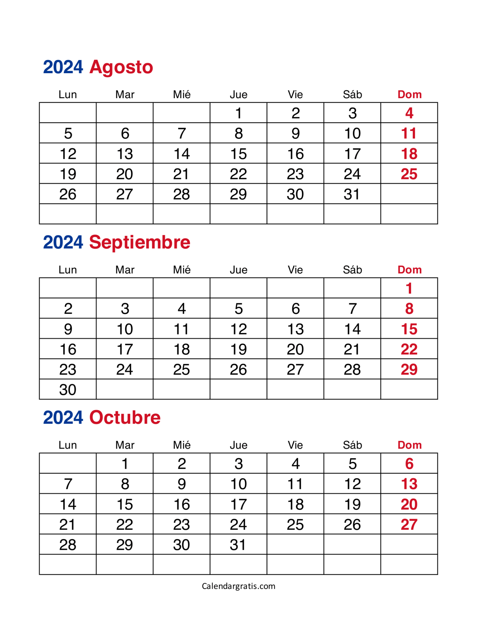Calendario de agosto septiembre y octubre 2024 para imprimir gratis