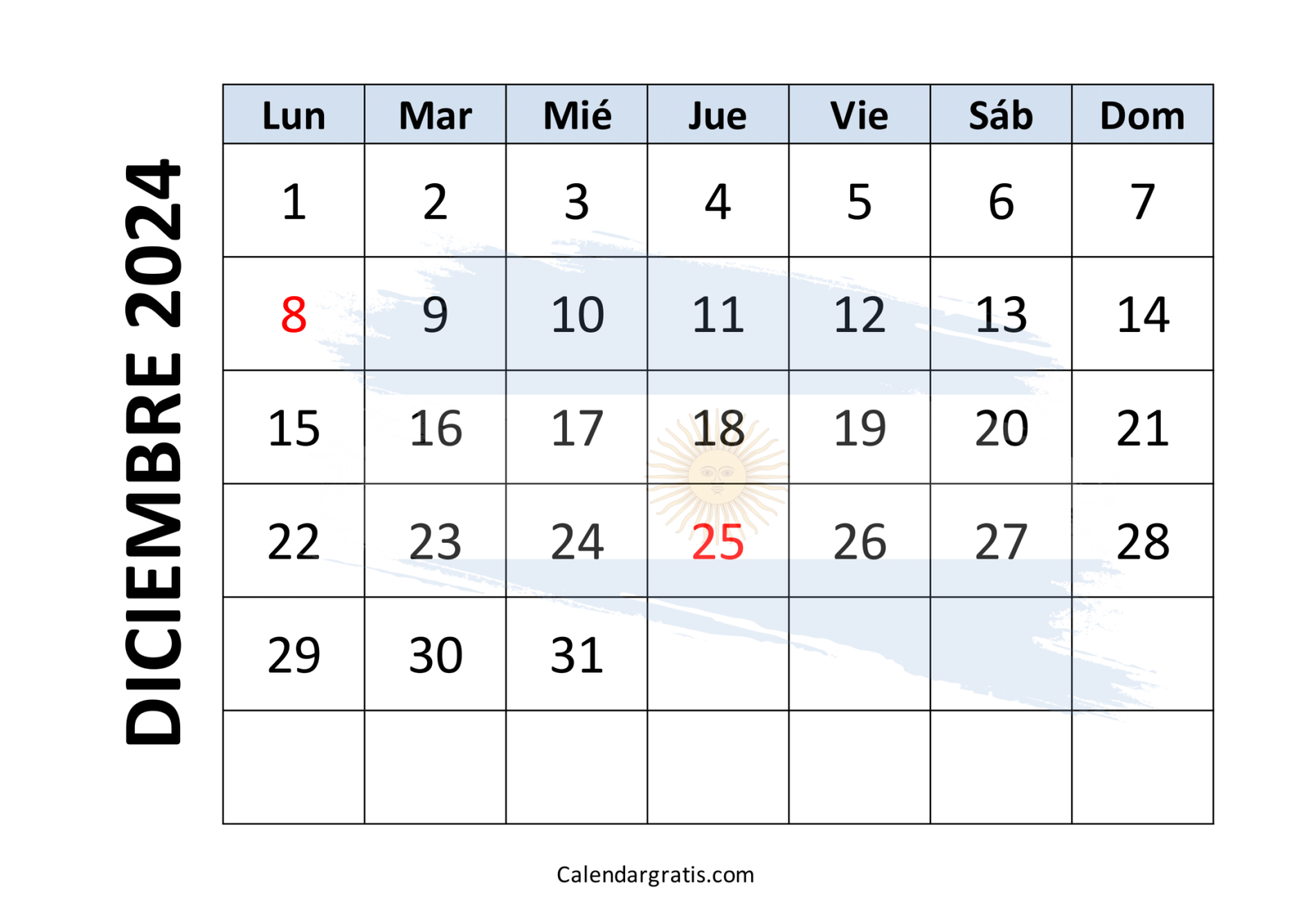 Calendario diciembre 2024 para imprimir gratis - Excel, PDF y PNG