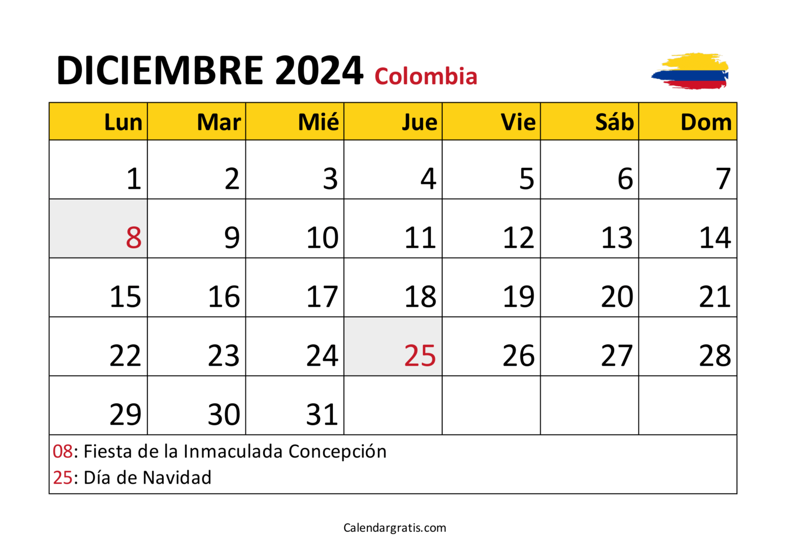 Calendario diciembre 2024 para imprimir gratis - Excel, PDF y PNG