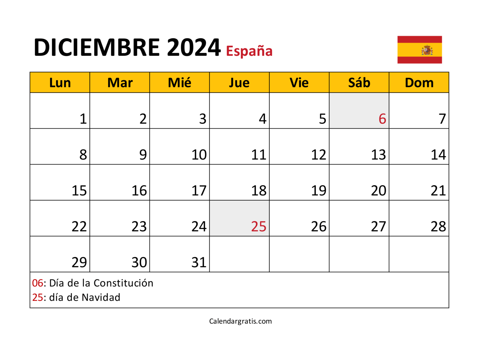 Calendario diciembre 2024 para imprimir gratis - Excel, PDF y PNG