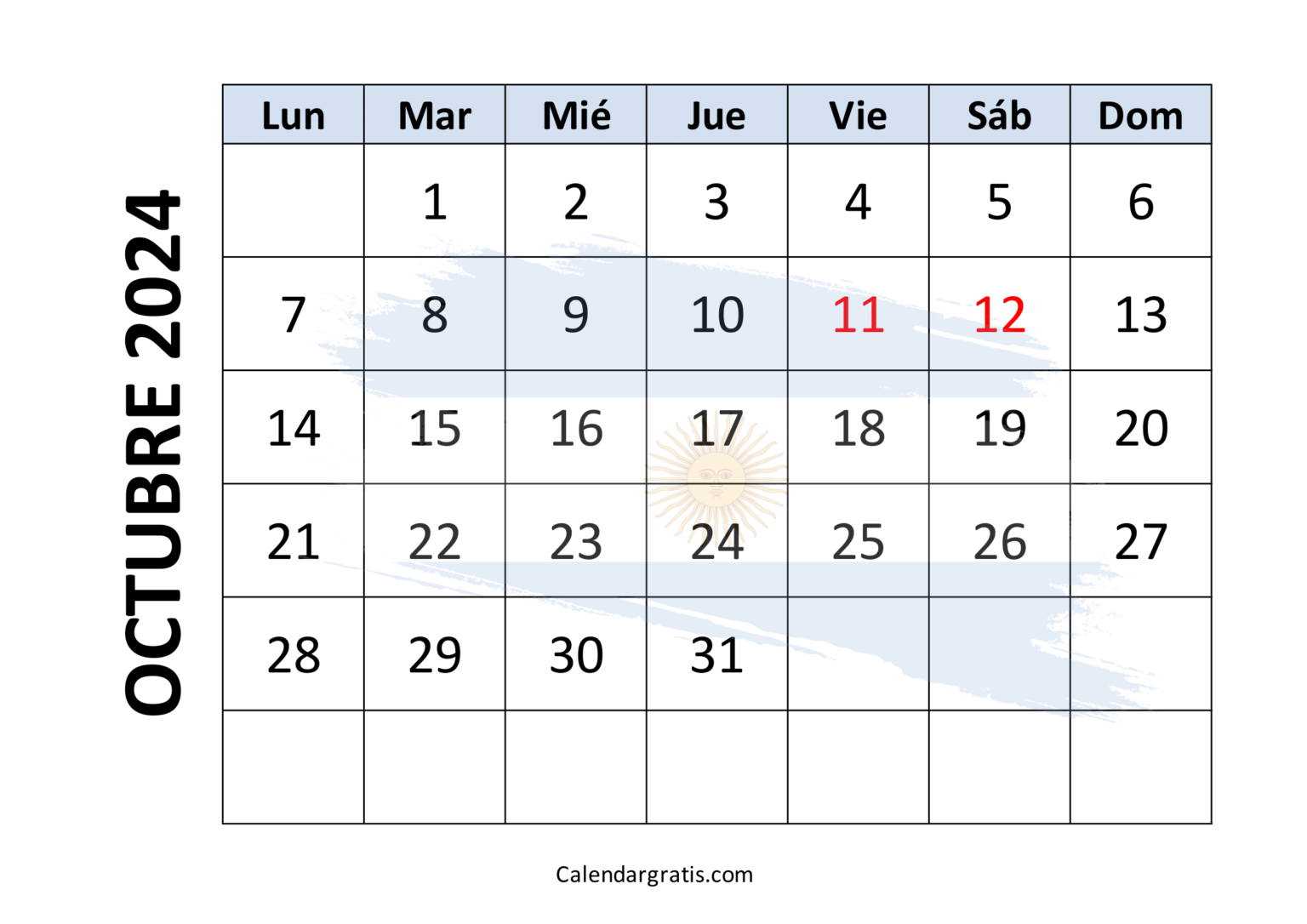Calendario octubre 2024 para imprimir gratis - Excel, PDF y PNG