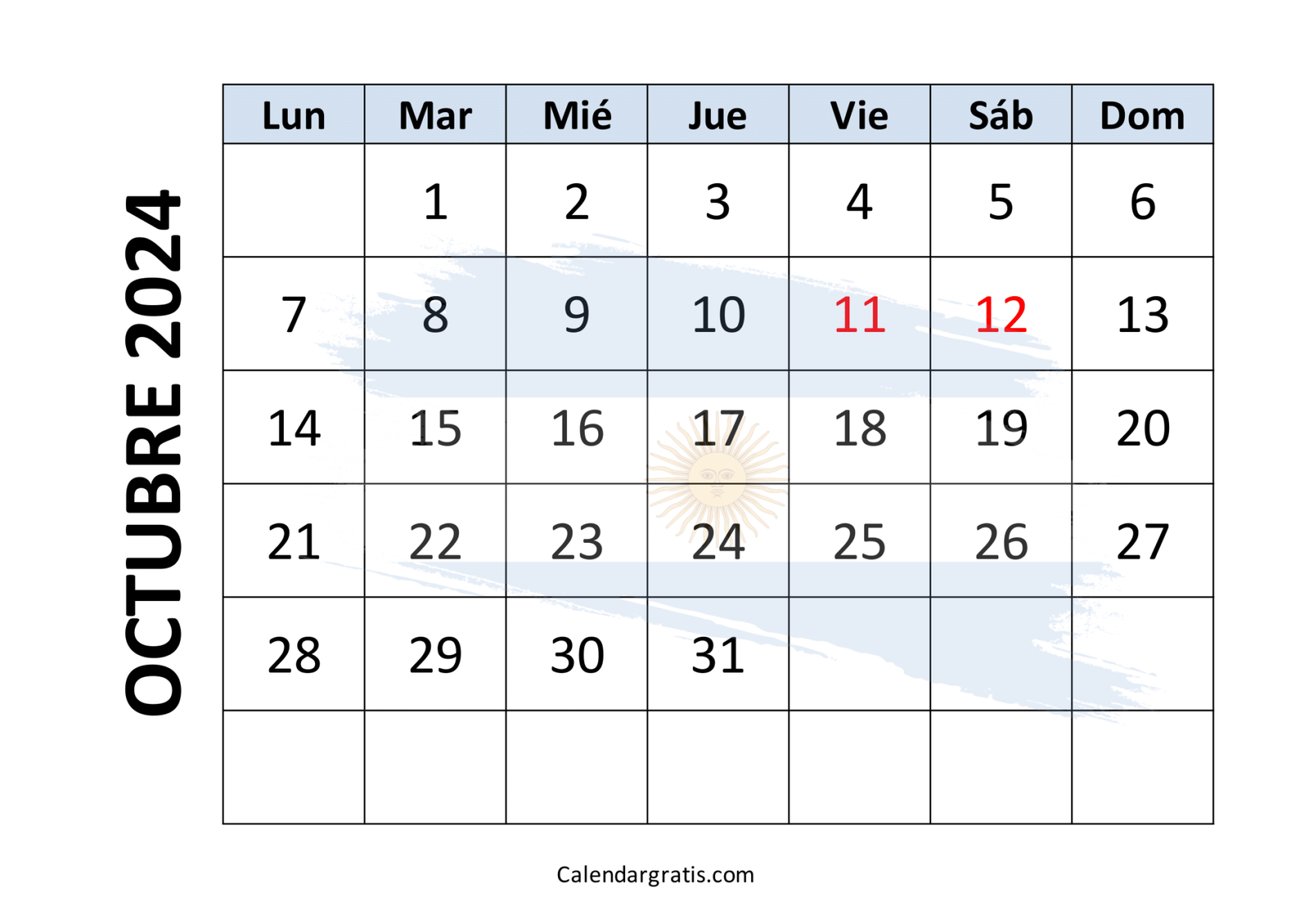 Calendario octubre 2024 para imprimir gratis - Excel, PDF y PNG
