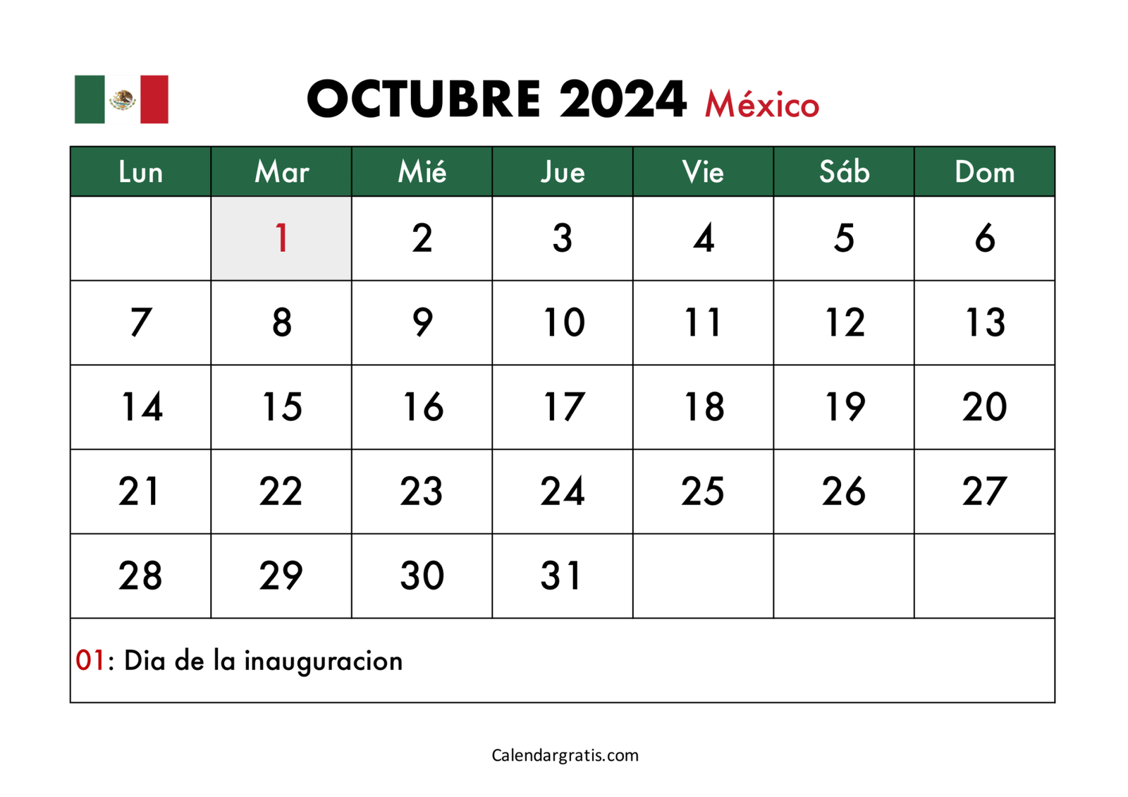 Calendario octubre 2024 para imprimir gratis - Excel, PDF y PNG