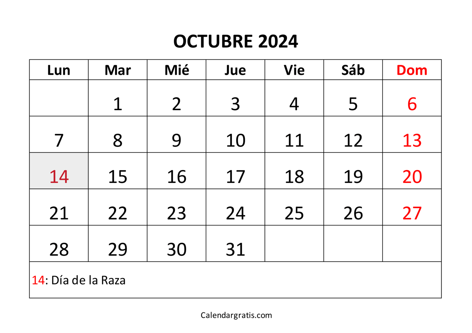 Calendario octubre 2024 para imprimir - Excel, PDF y PNG