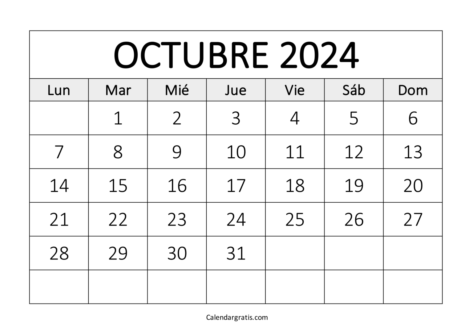 Calendario octubre 2024 para imprimir - Excel, PDF y PNG